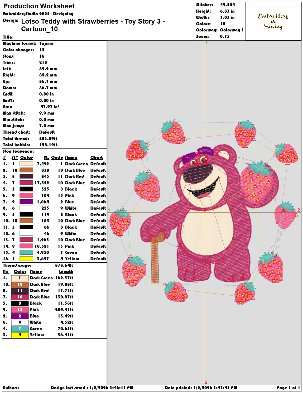 Lotso Teddy with Strawberries Toy Story 3 Cartoon  - Elegant embroidery design file - instant download — view 3