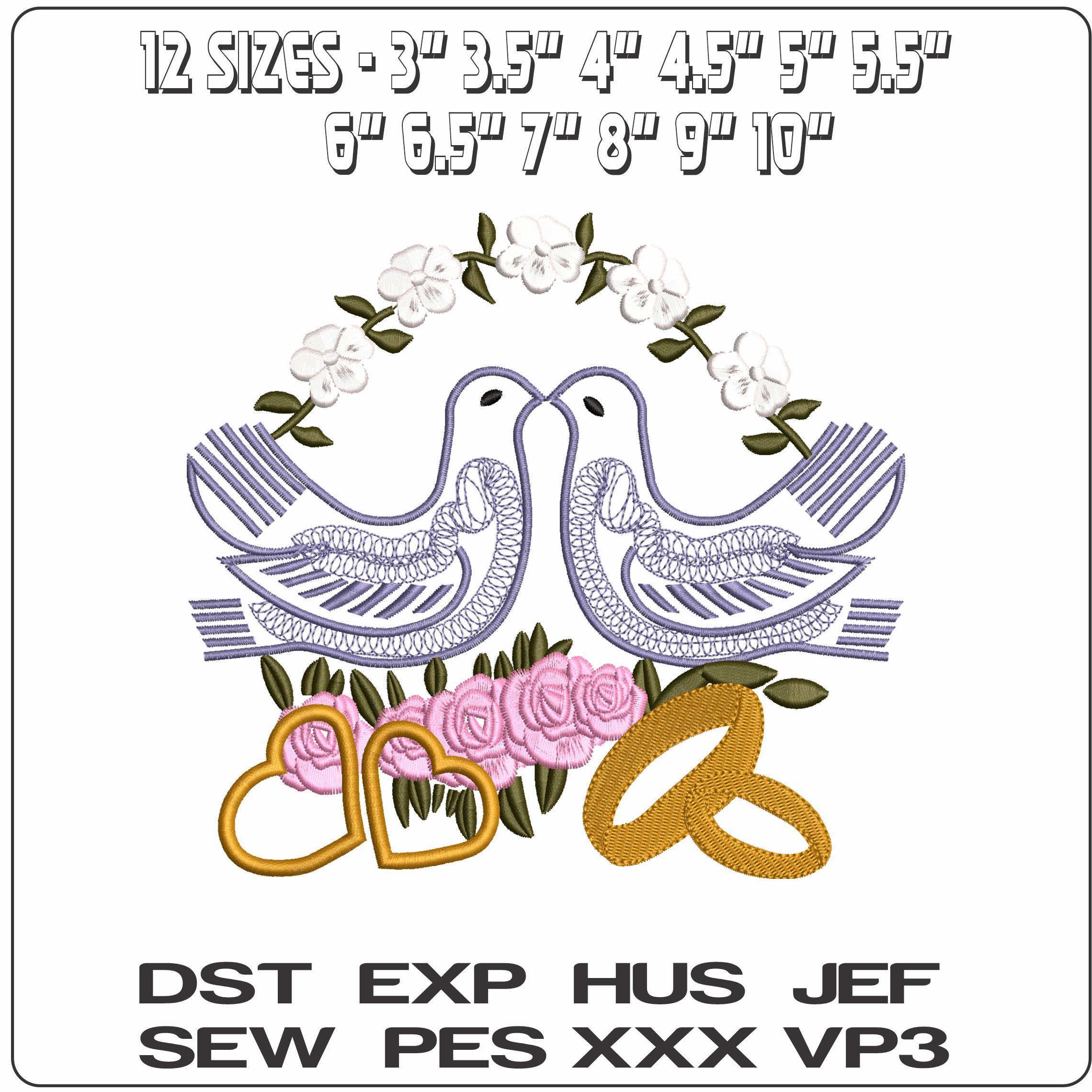 Love Doves Rings and Hearts  - Elegant embroidery design file - instant download — view 2