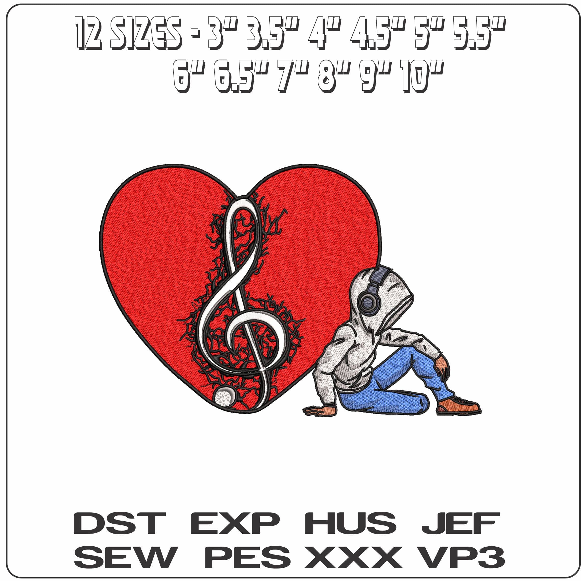 Love Music Heart and Man Listening  - Elegant embroidery design file - instant download — view 2