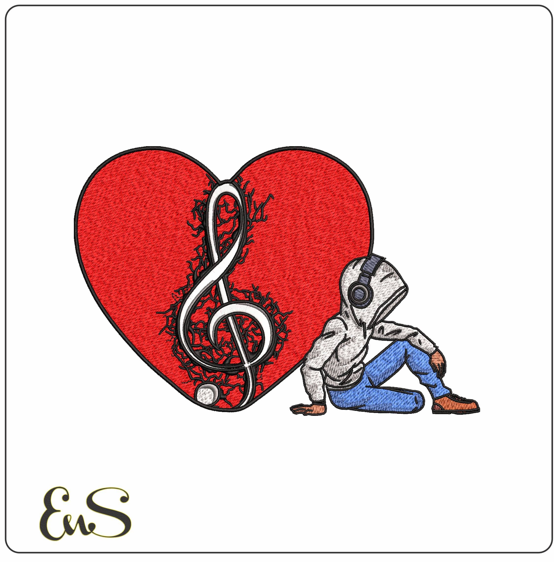 Love Music Heart and Man Listening  - Elegant embroidery design file - instant download
