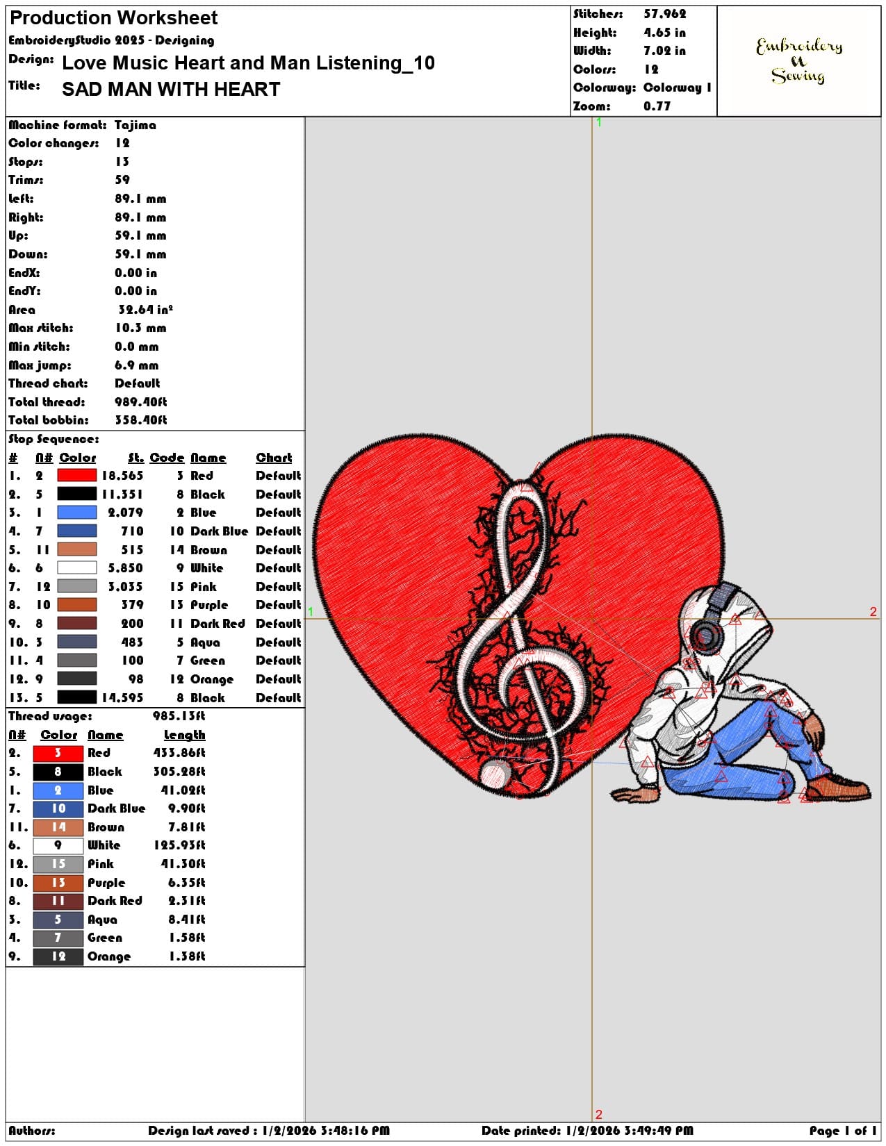 Love Music Heart and Man Listening  - Elegant embroidery design file - instant download — view 3