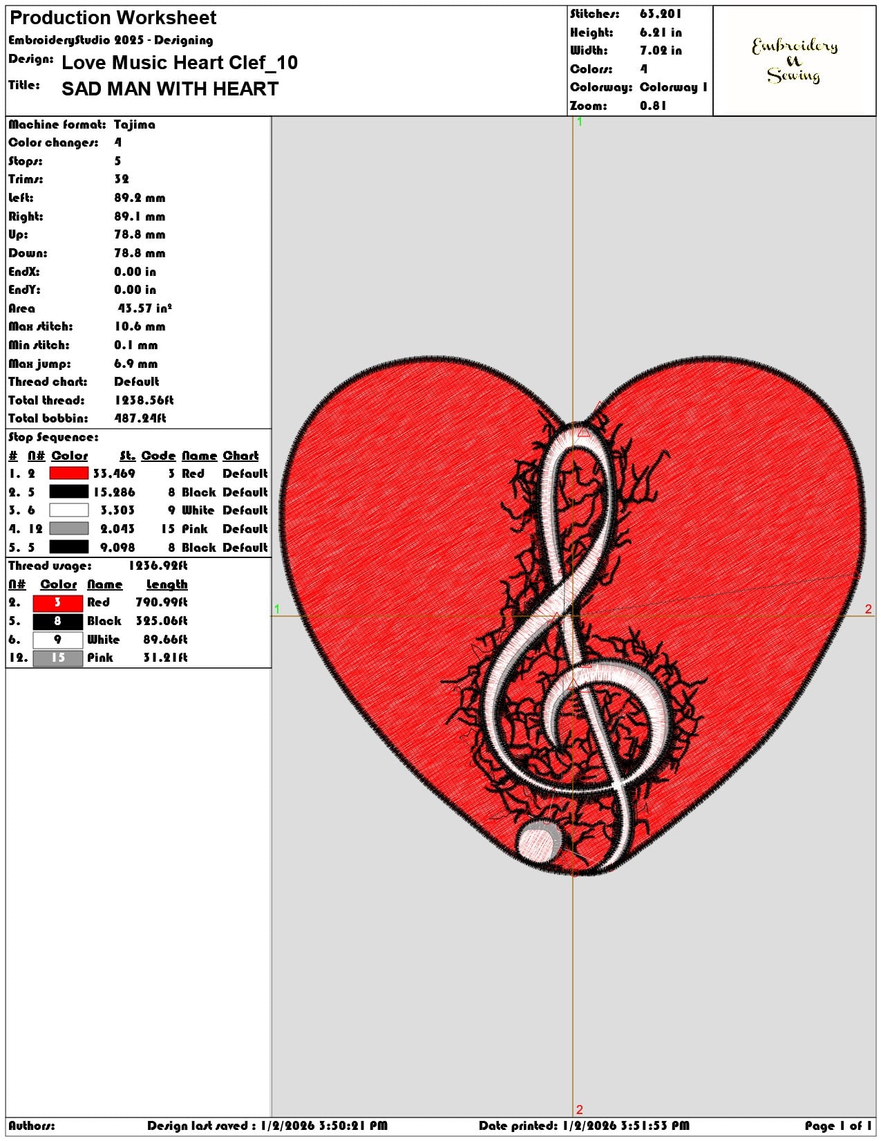 Love Music Heart Clef  - Elegant embroidery design file - instant download — view 3