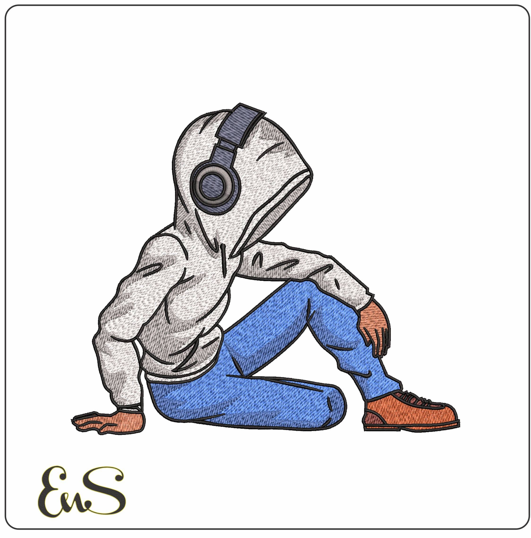 Man Sitting Listening to Music  - Elegant embroidery design file - instant download