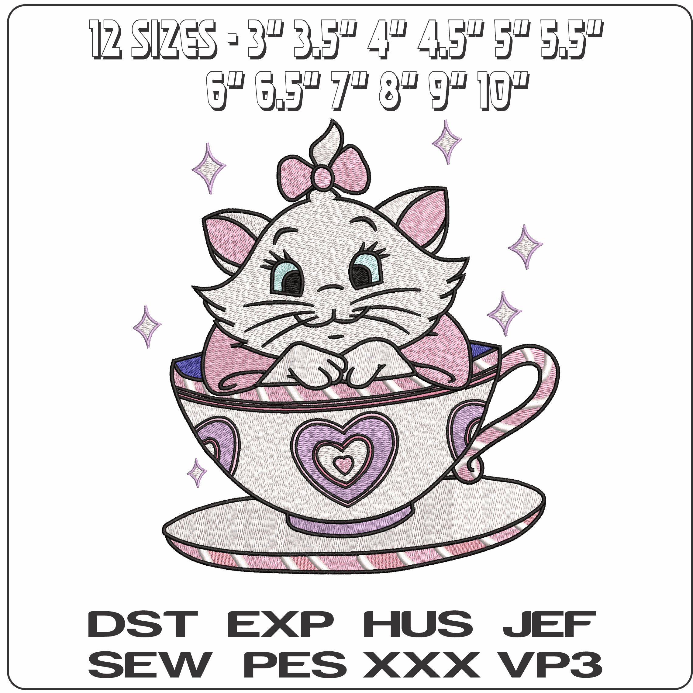 Marie Cat in Teacup Aristocats Disney  - Elegant embroidery design file - instant download — view 2