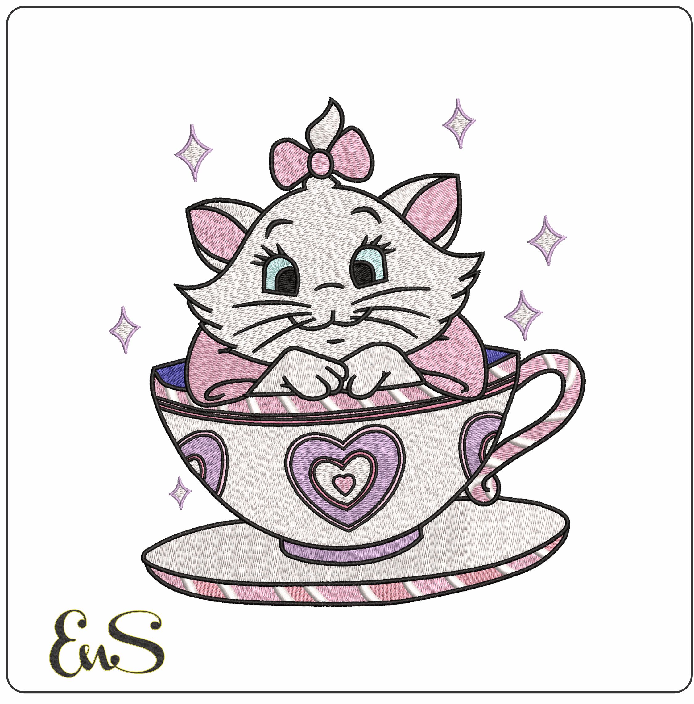 Marie Cat in Teacup Aristocats Disney  - Elegant embroidery design file - instant download