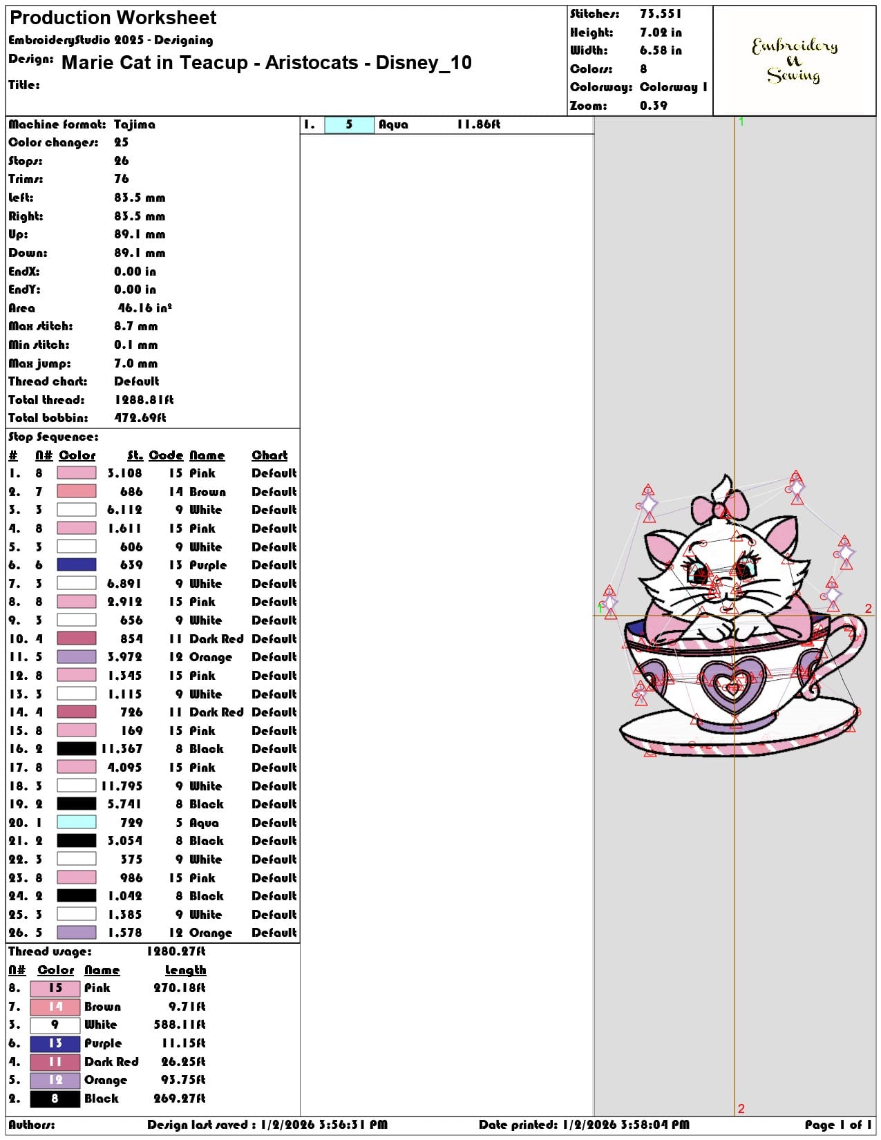 Marie Cat in Teacup Aristocats Disney  - Elegant embroidery design file - instant download — view 3