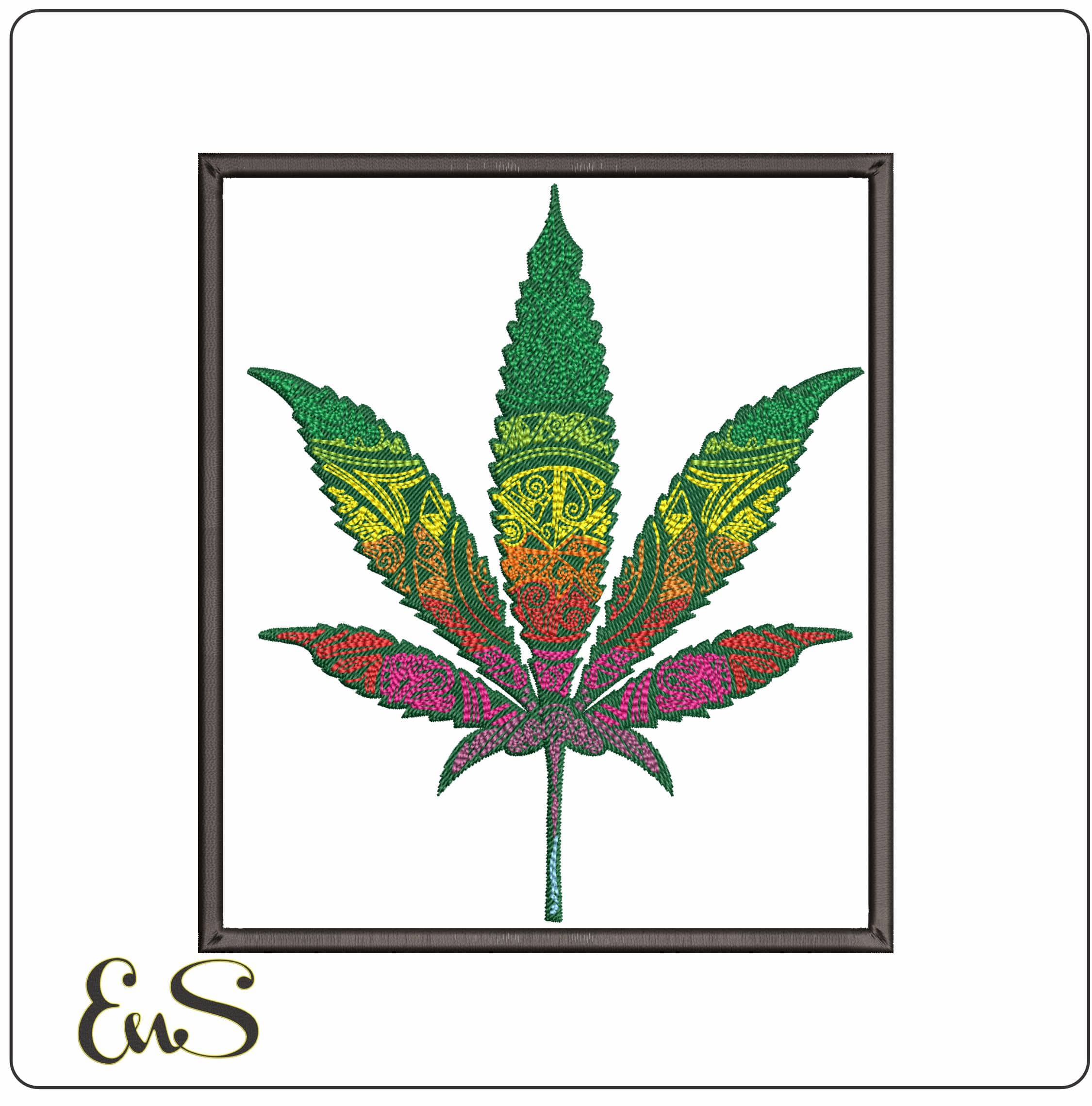 Marijuana Leaf in Frame  - Elegant embroidery design file - instant download
