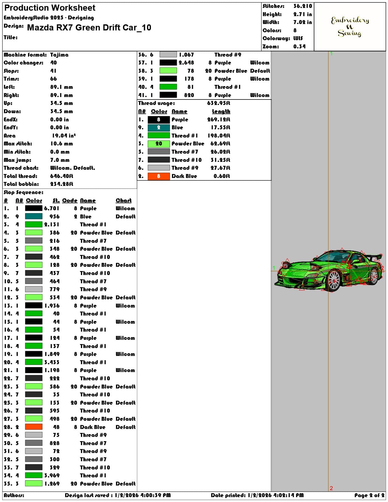 Mazda RX7 Green Drift Car  - Elegant embroidery design file - instant download — view 4