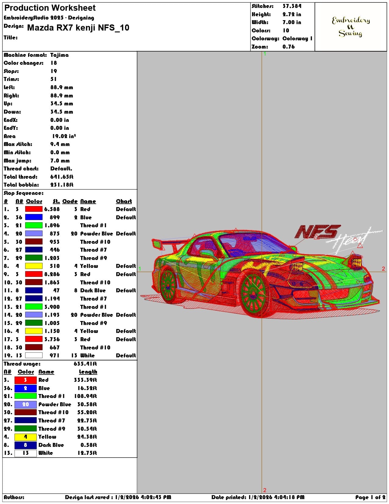Mazda RX7 kenji NFS  - Elegant embroidery design file - instant download — view 3