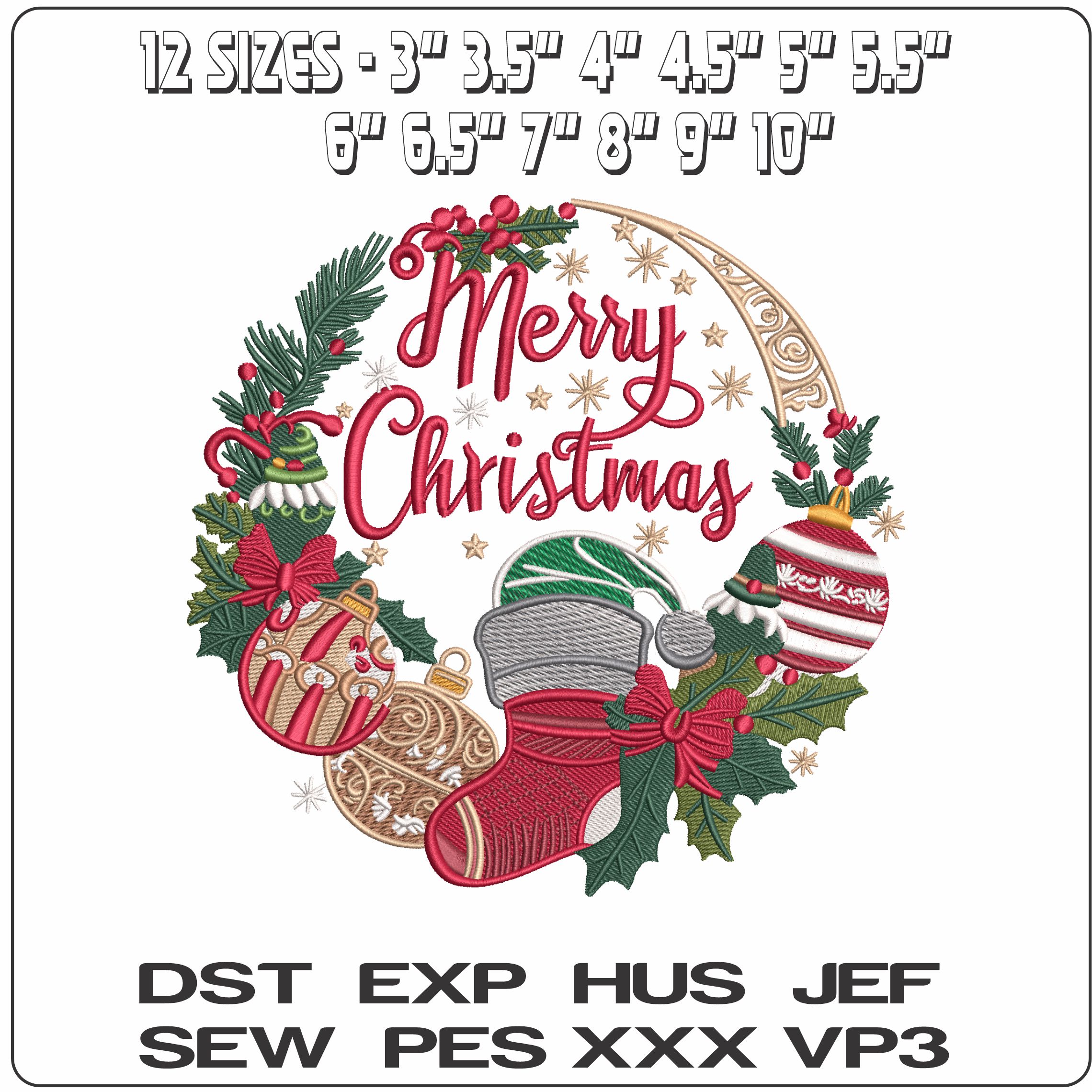 Merry Christmas Wreath Stocking and Bauble  - Elegant embroidery design file - instant download — view 2