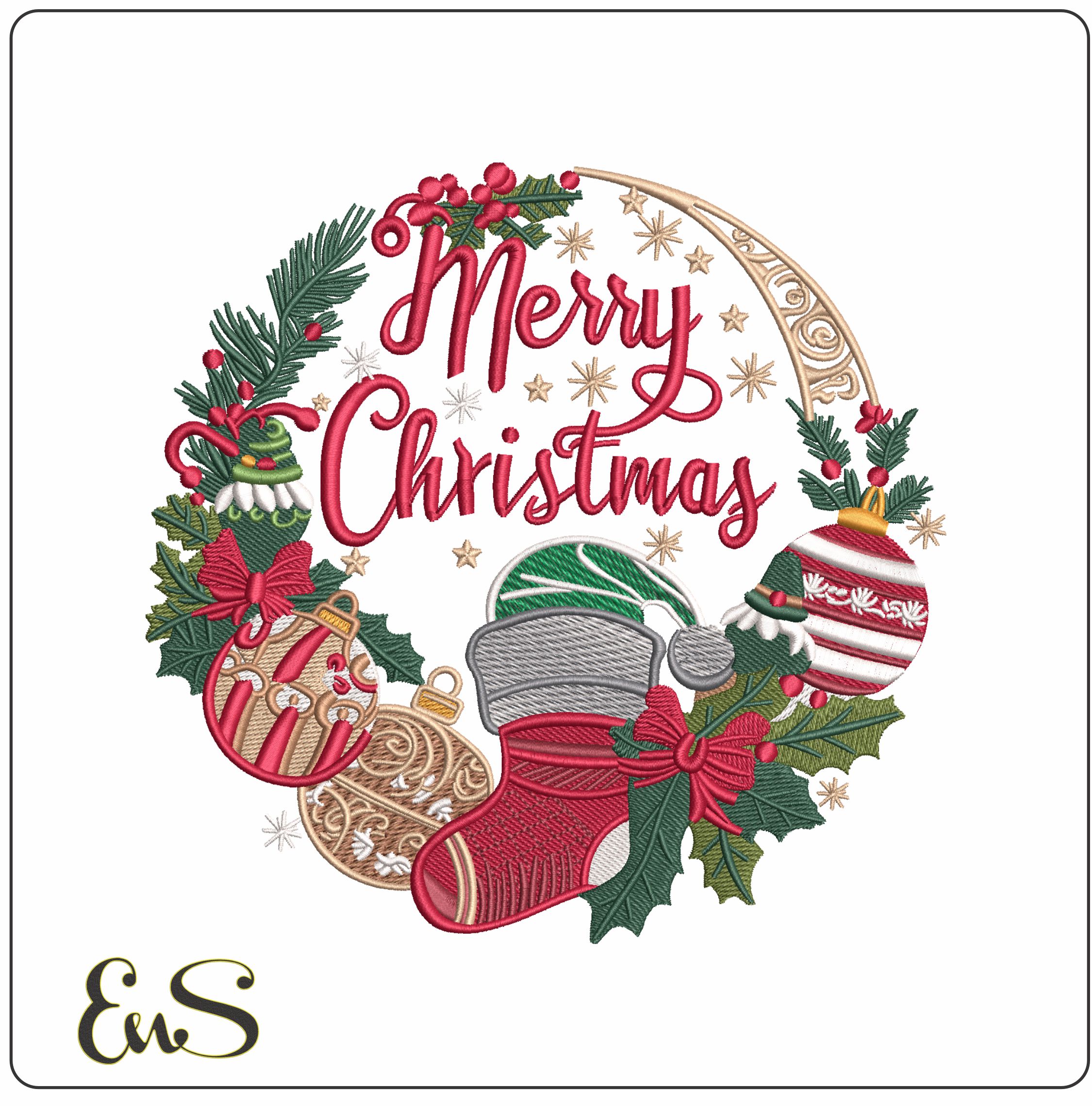 Merry Christmas Wreath Stocking and Bauble  - Elegant embroidery design file - instant download