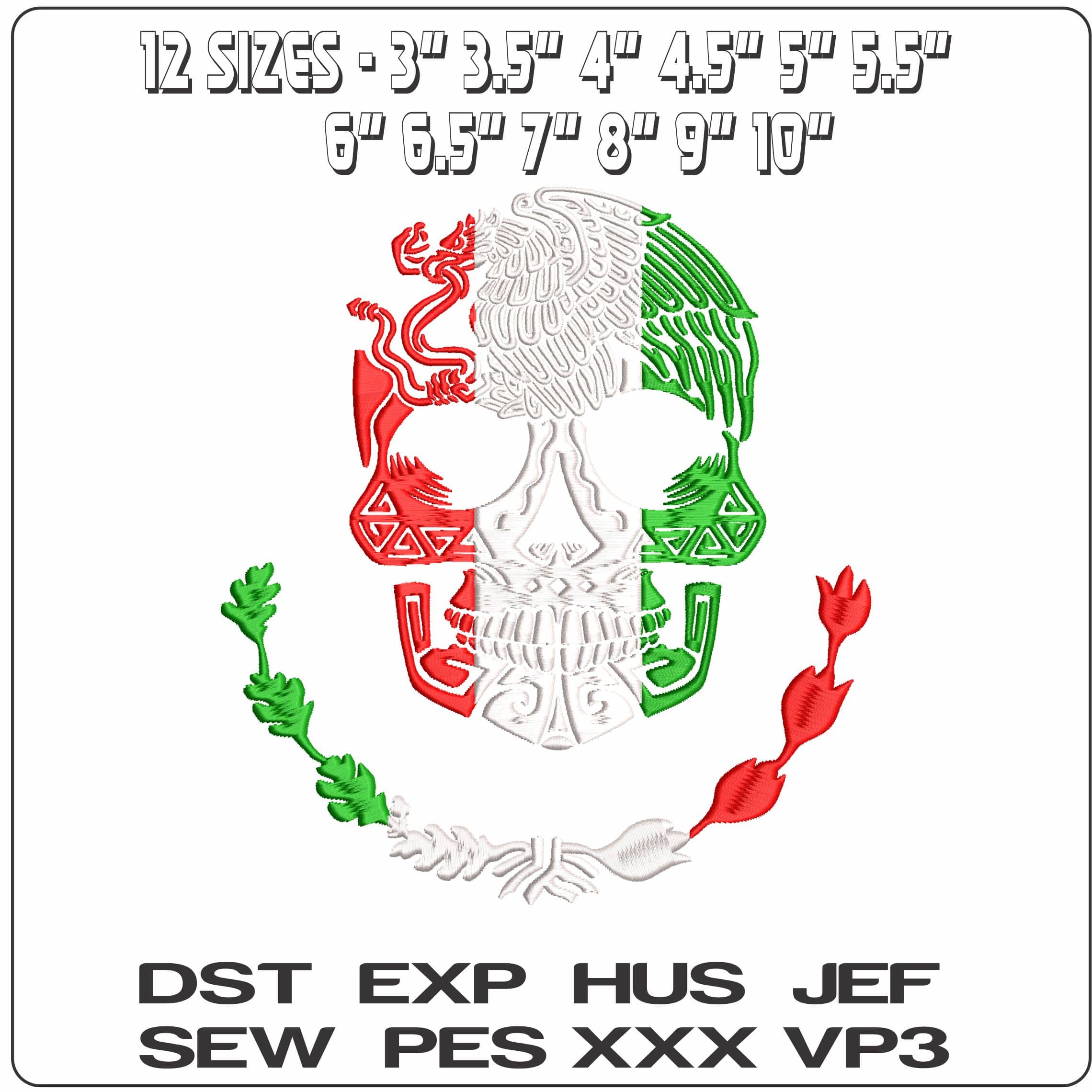 Mexican Flag Day of the Dead Skull  - Elegant embroidery design file - instant download — view 2