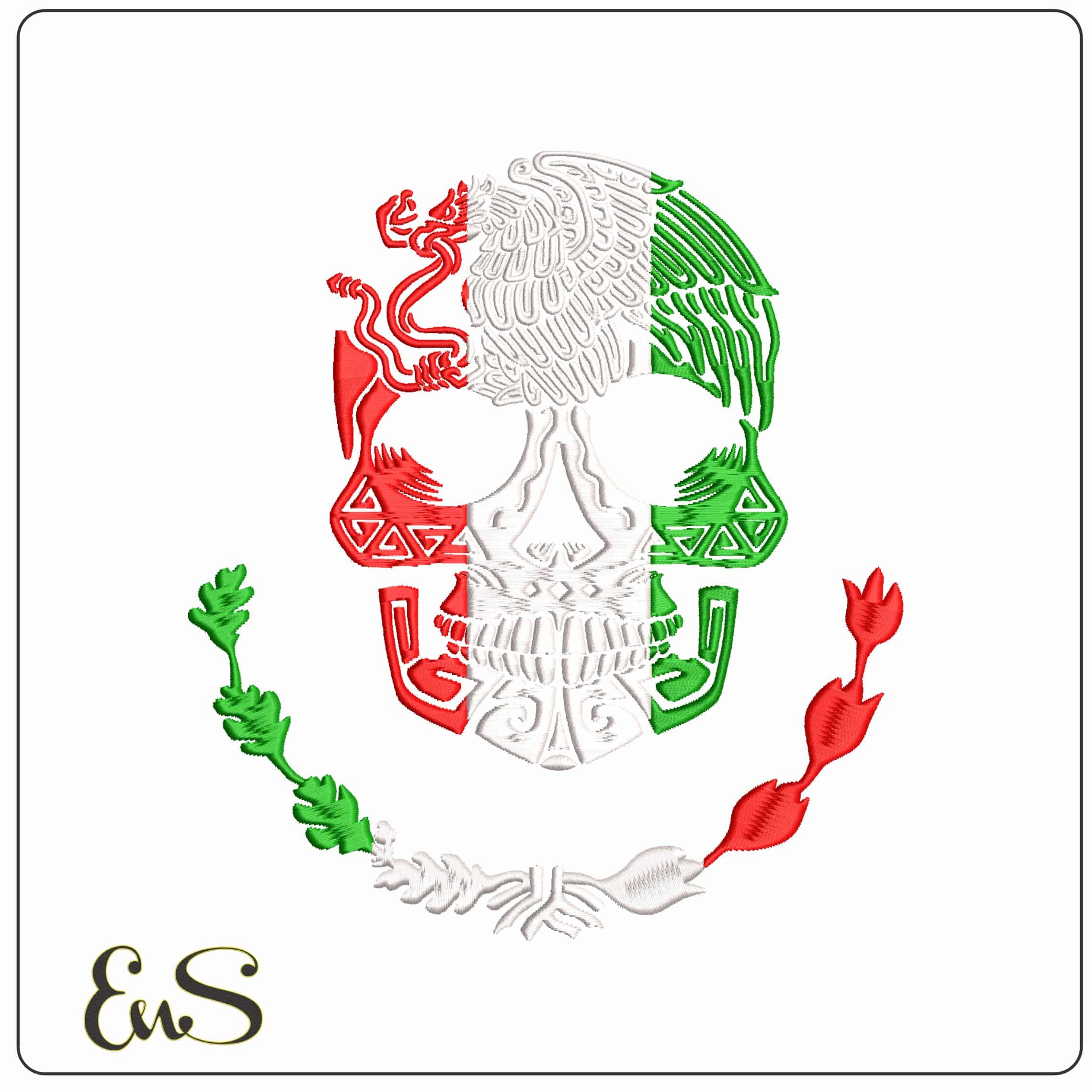 Mexican Flag Day of the Dead Skull  - Elegant embroidery design file - instant download