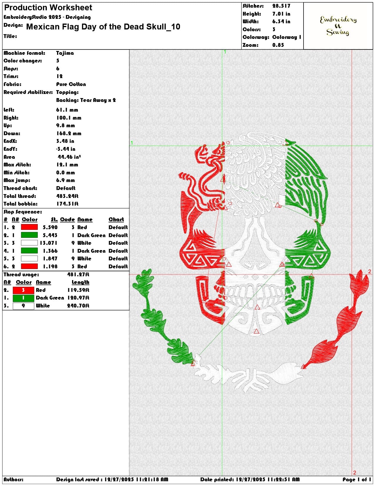 Mexican Flag Day of the Dead Skull  - Elegant embroidery design file - instant download — view 3