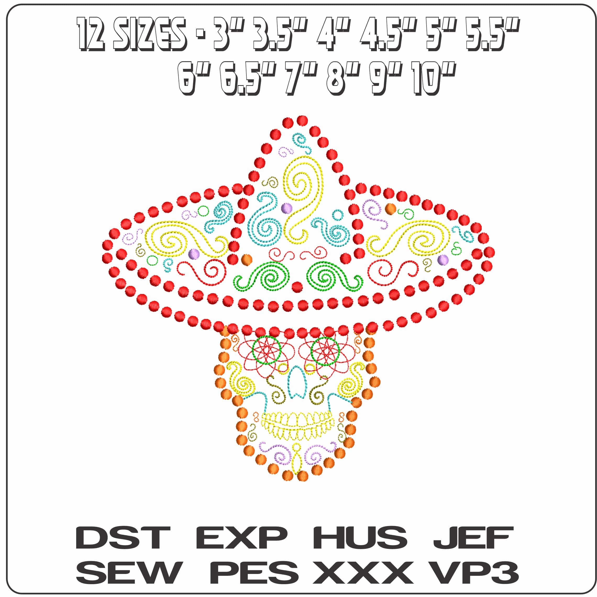 Mexican Hat Sugar Skull  - Elegant embroidery design file - instant download — view 2