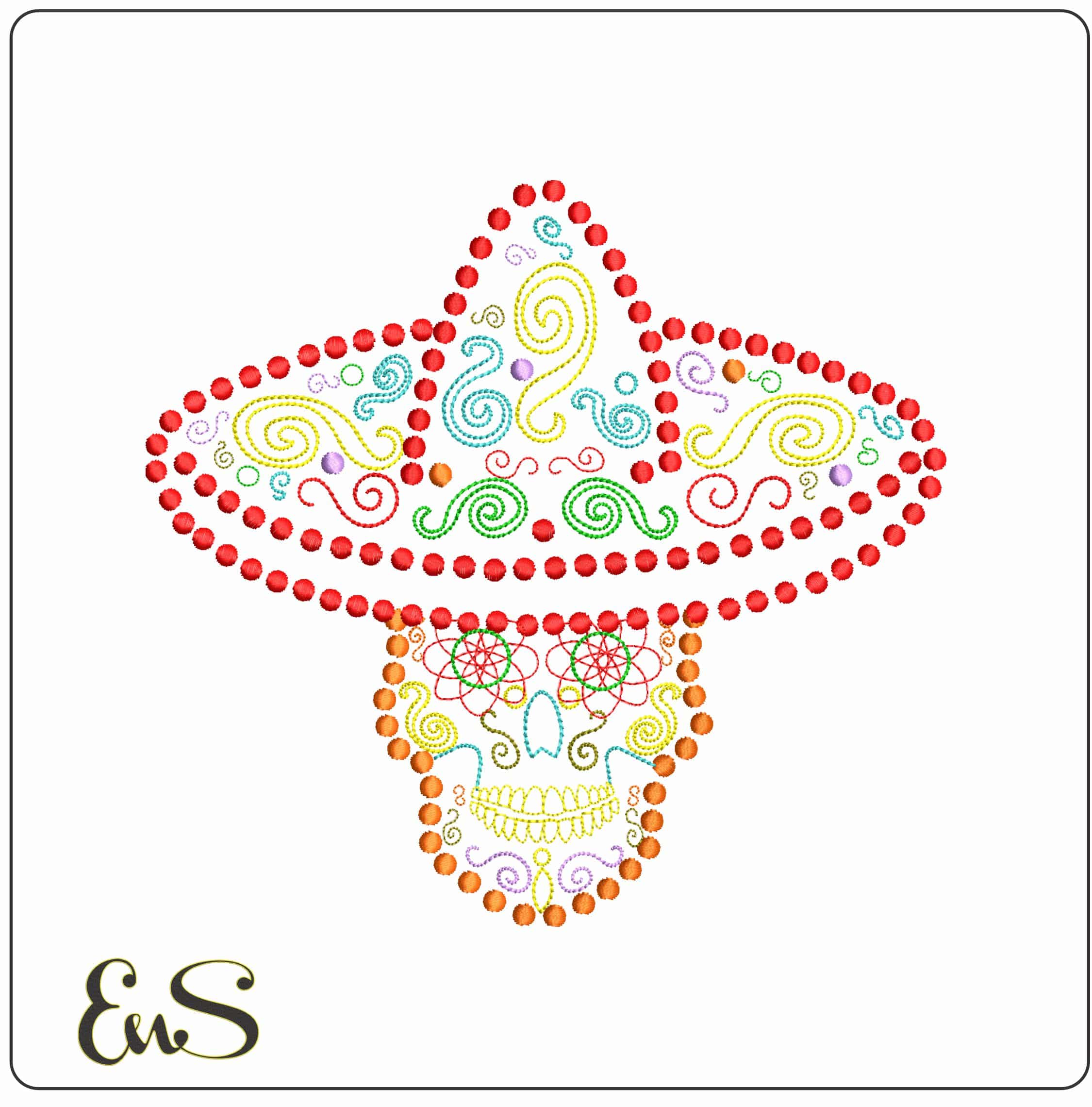 Mexican Hat Sugar Skull  - Elegant embroidery design file - instant download