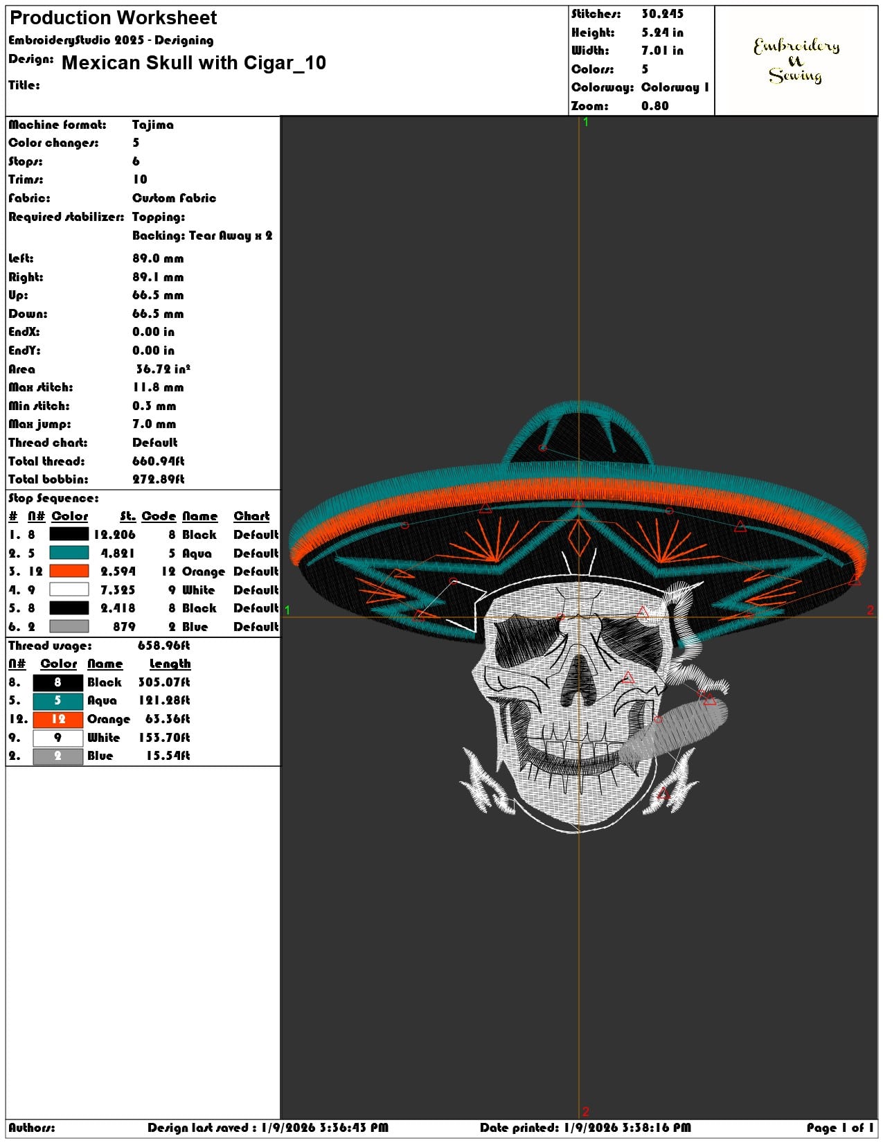 Mexican Skull with Cigar  - Elegant embroidery design file - instant download — view 3
