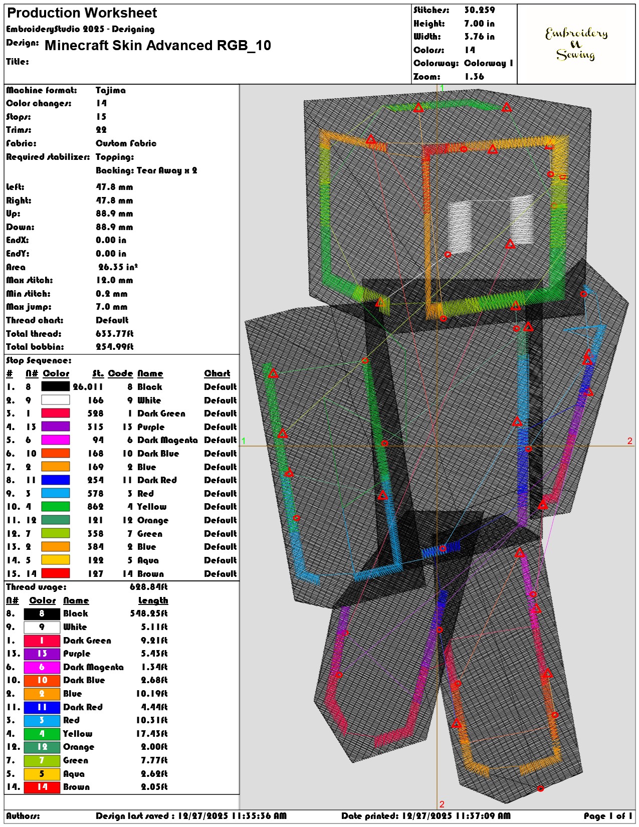 Minecraft Skin Advanced RGB  - Elegant embroidery design file - instant download — view 3