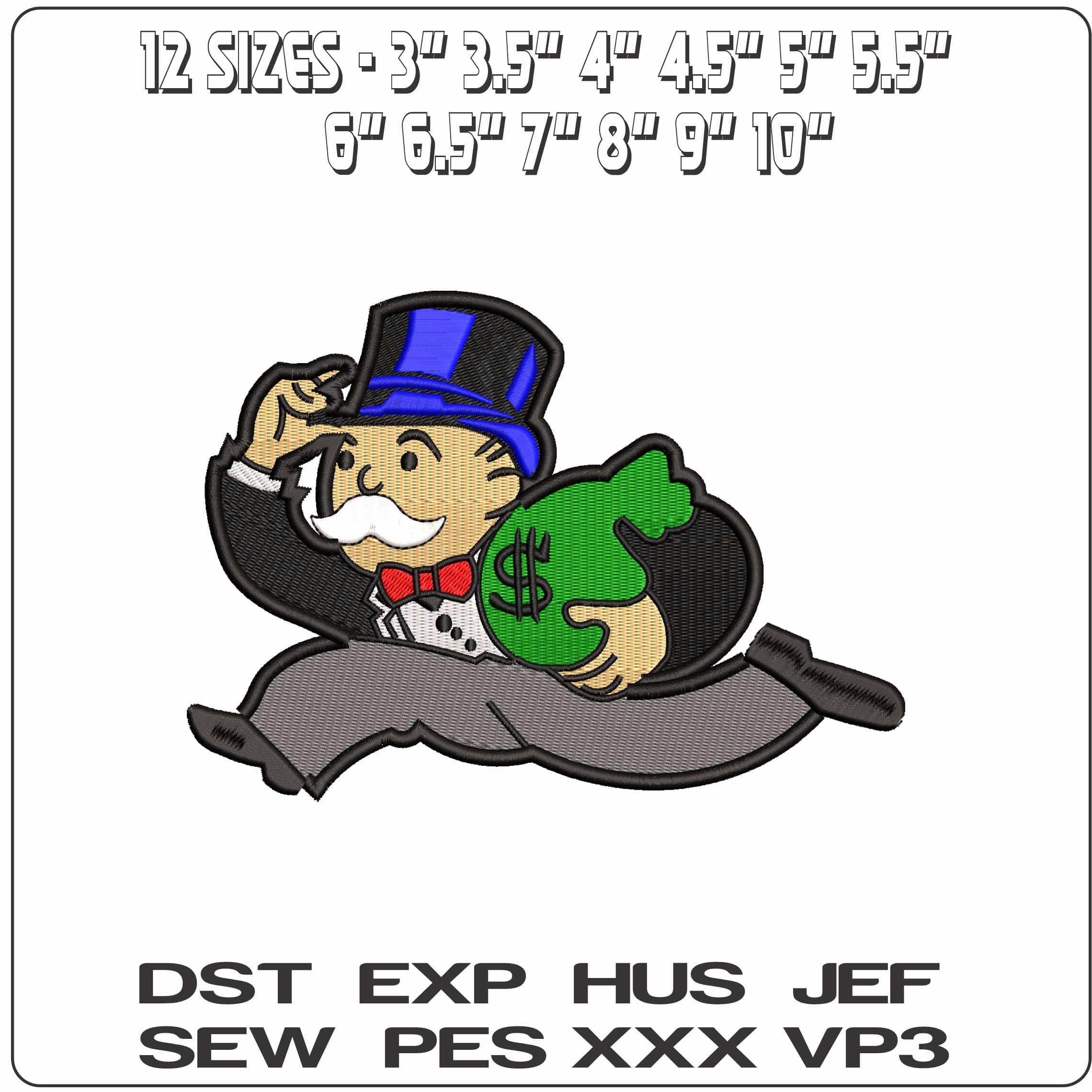 Mr Monopoly Running with Money  - Elegant embroidery design file - instant download — view 2