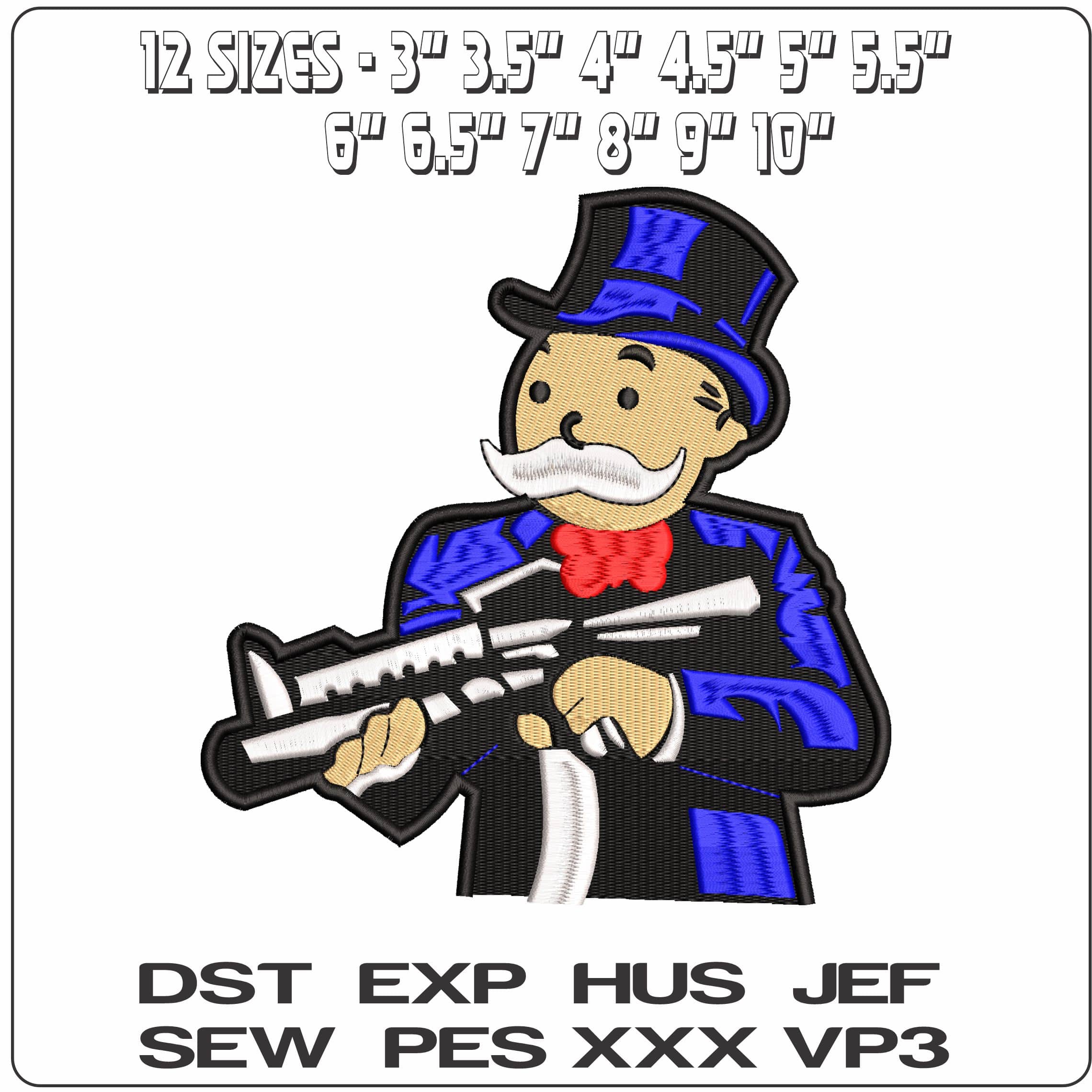Mr Monopoly with a Gun  - Elegant embroidery design file - instant download — view 2