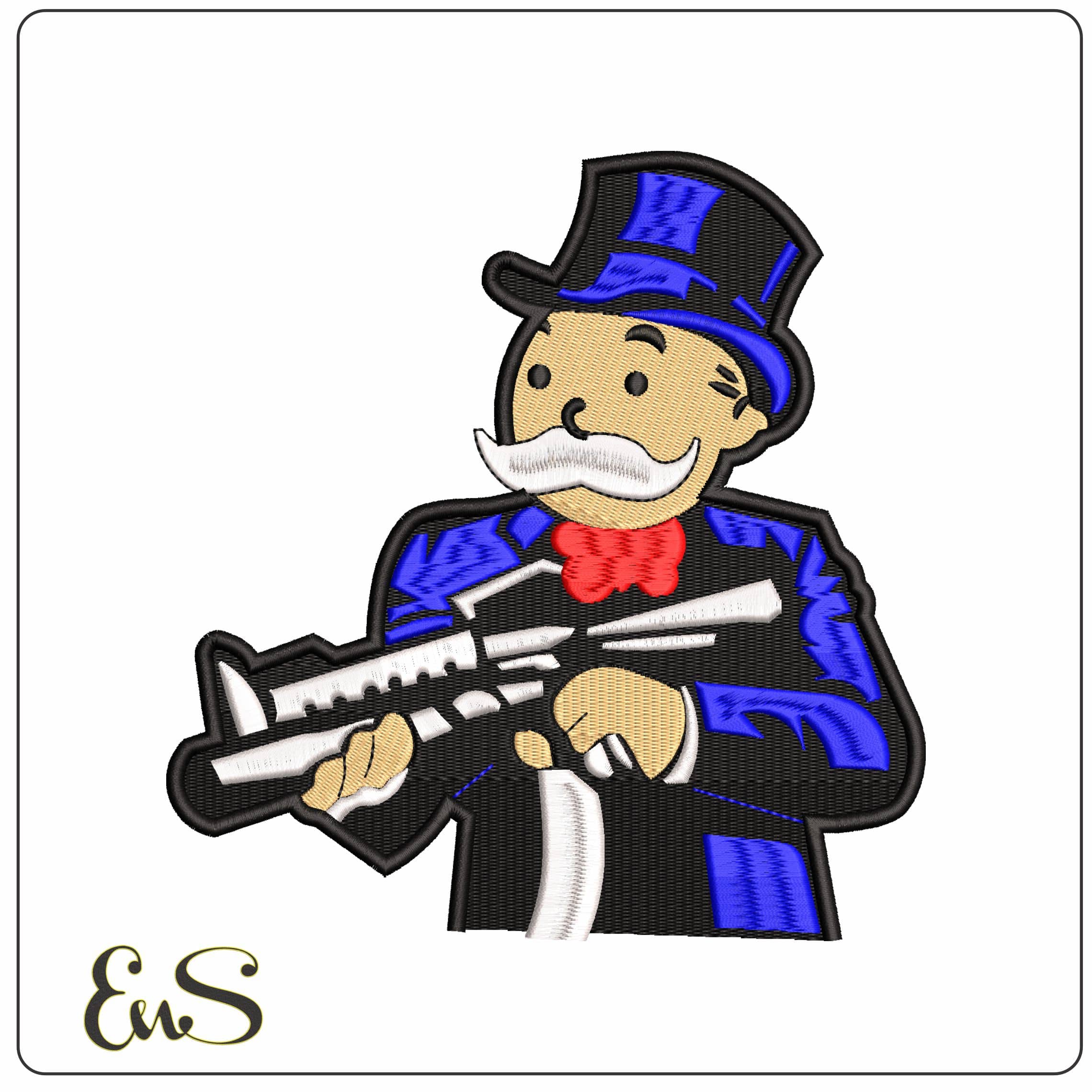 Mr Monopoly with a Gun  - Elegant embroidery design file - instant download