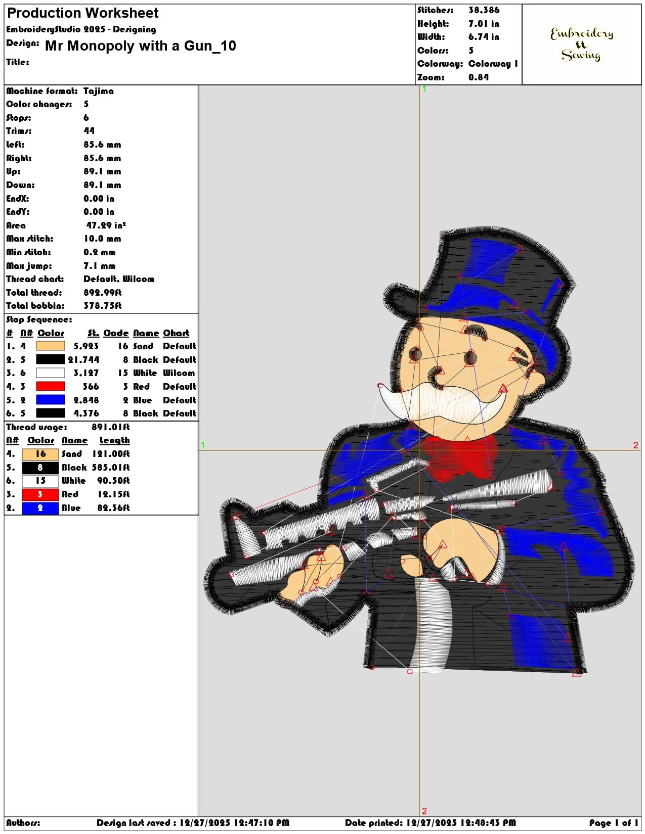 Mr Monopoly with a Gun  - Elegant embroidery design file - instant download — view 3