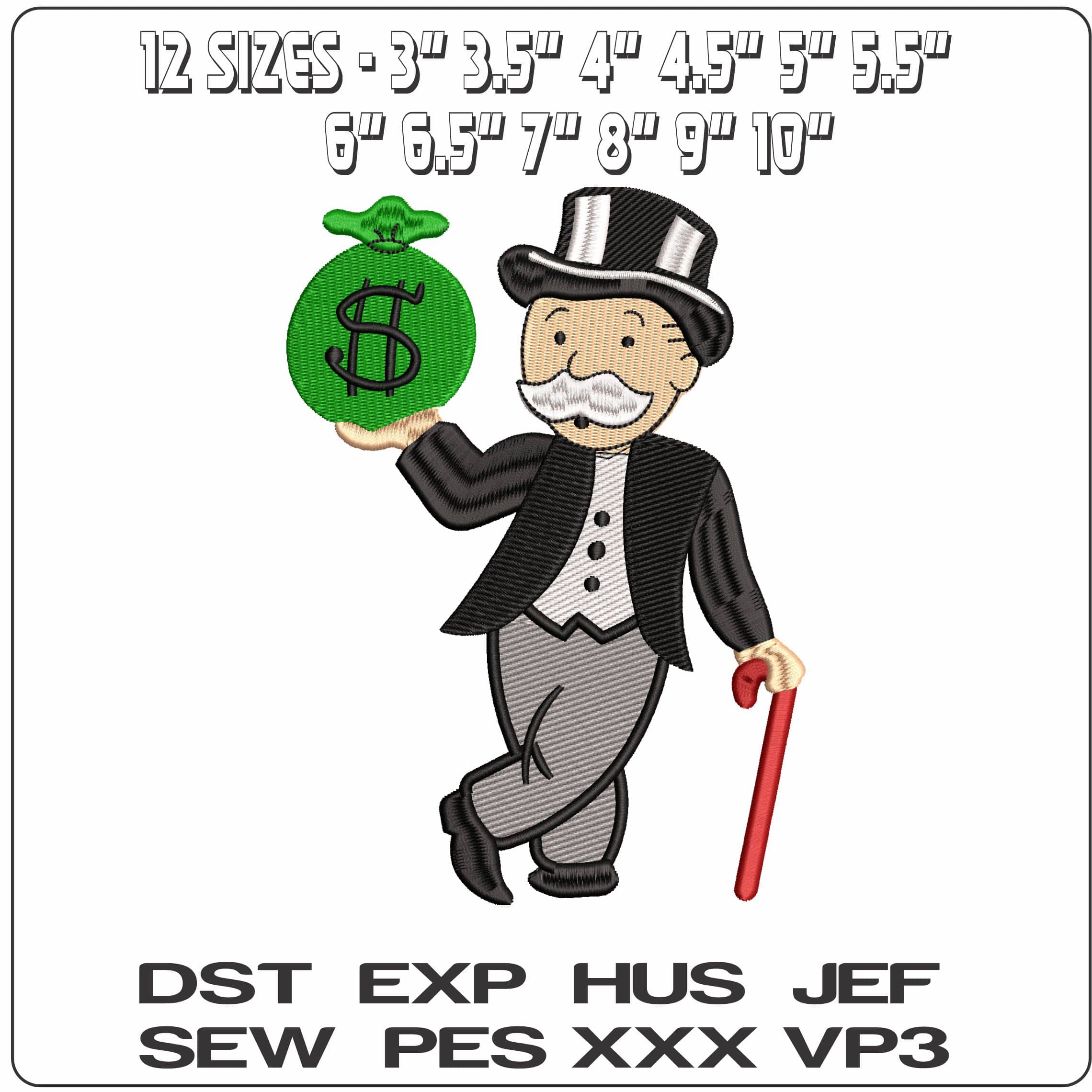 Mr Monopoly with Cash Bag  - Elegant embroidery design file - instant download — view 2