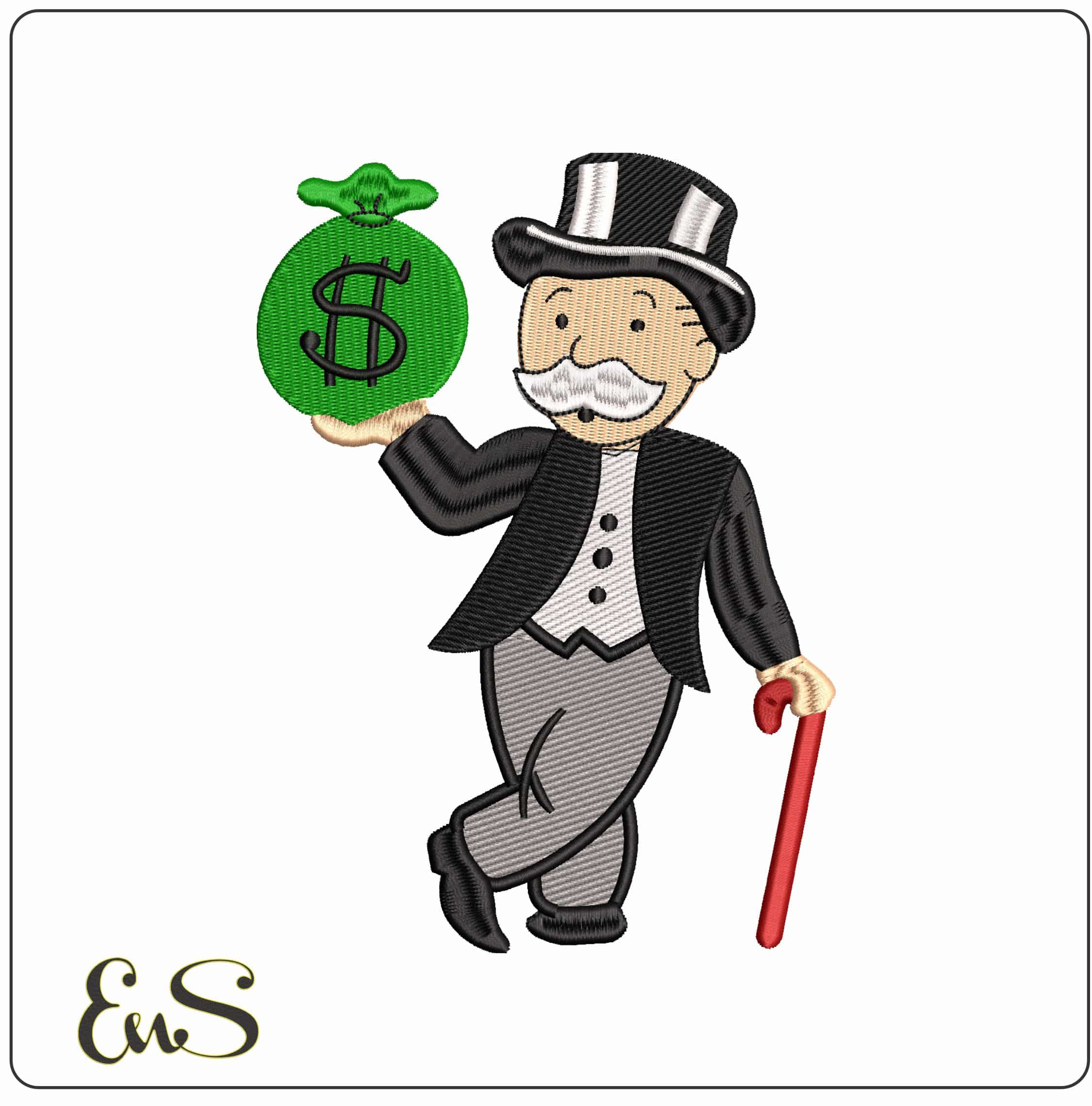 Mr Monopoly with Cash Bag  - Elegant embroidery design file - instant download