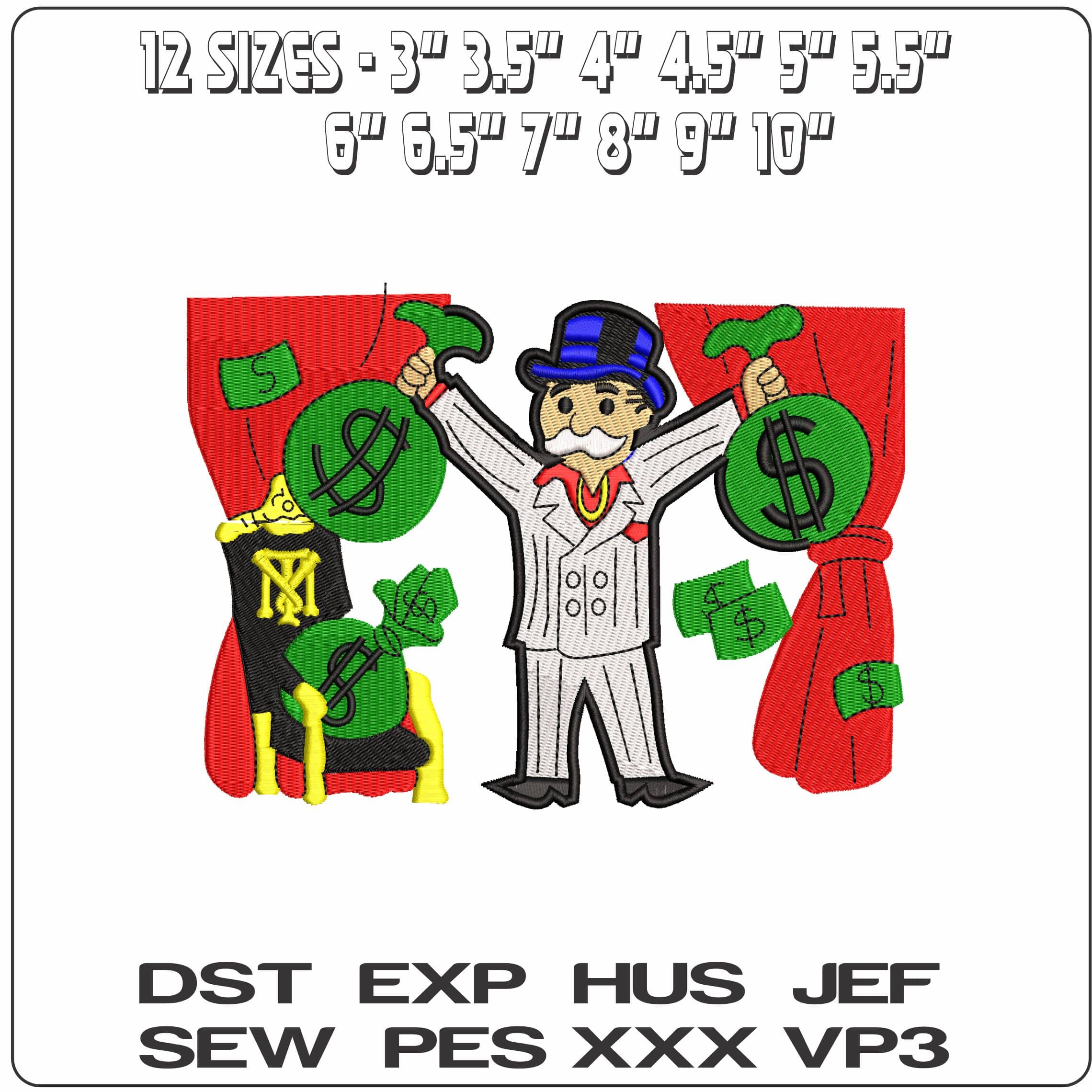 Mr Monopoly with Money Bags  - Elegant embroidery design file - instant download — view 2