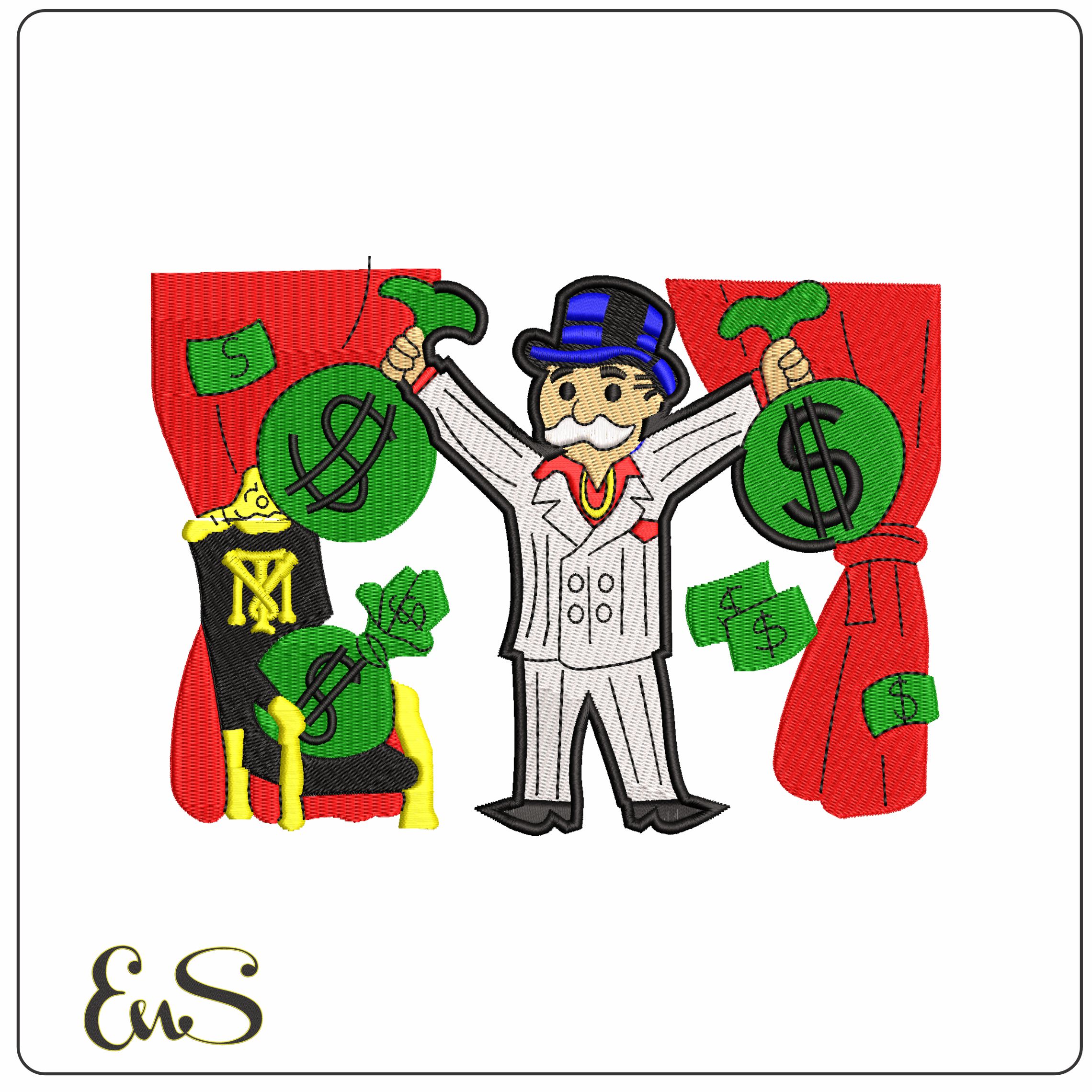 Mr Monopoly with Money Bags  - Elegant embroidery design file - instant download