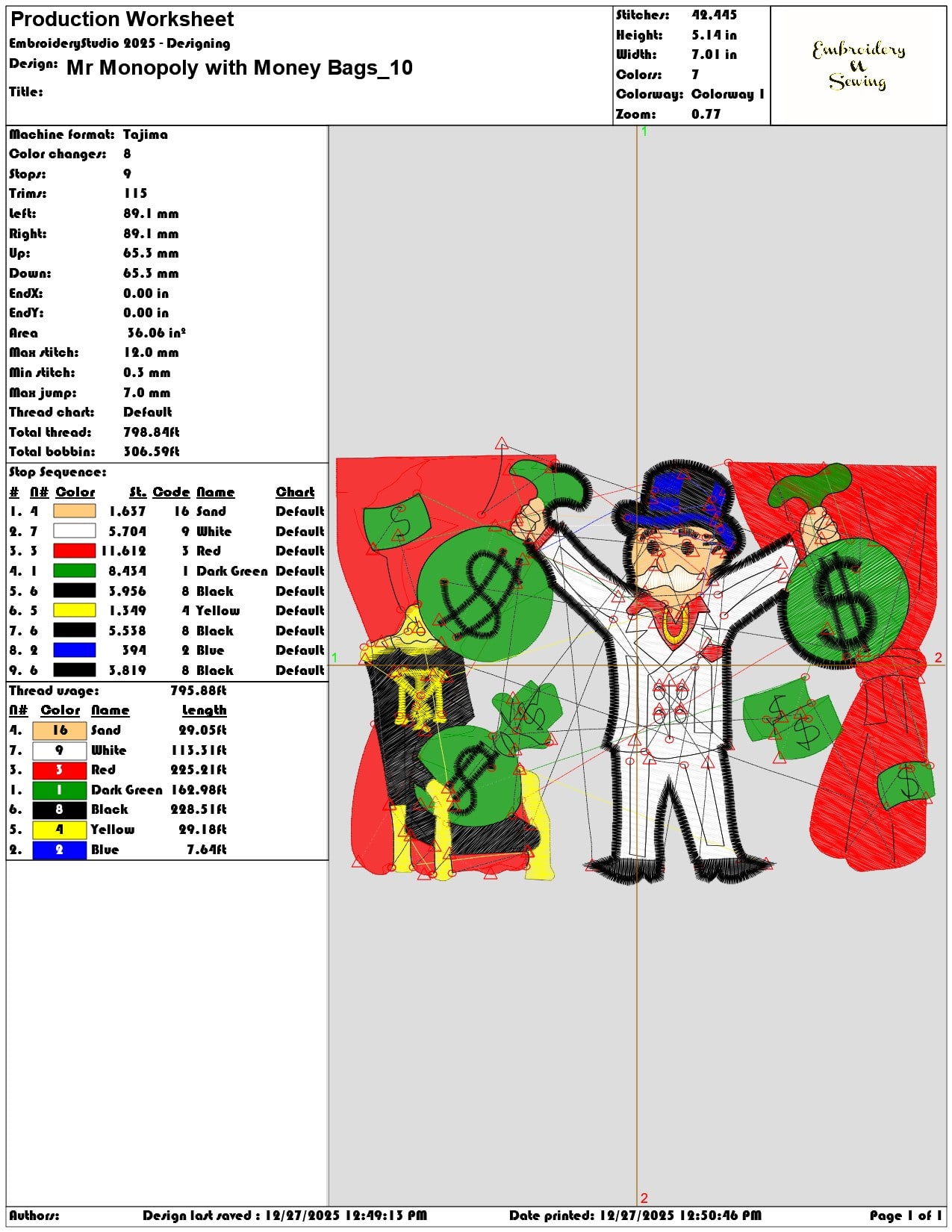 Mr Monopoly with Money Bags  - Elegant embroidery design file - instant download — view 3