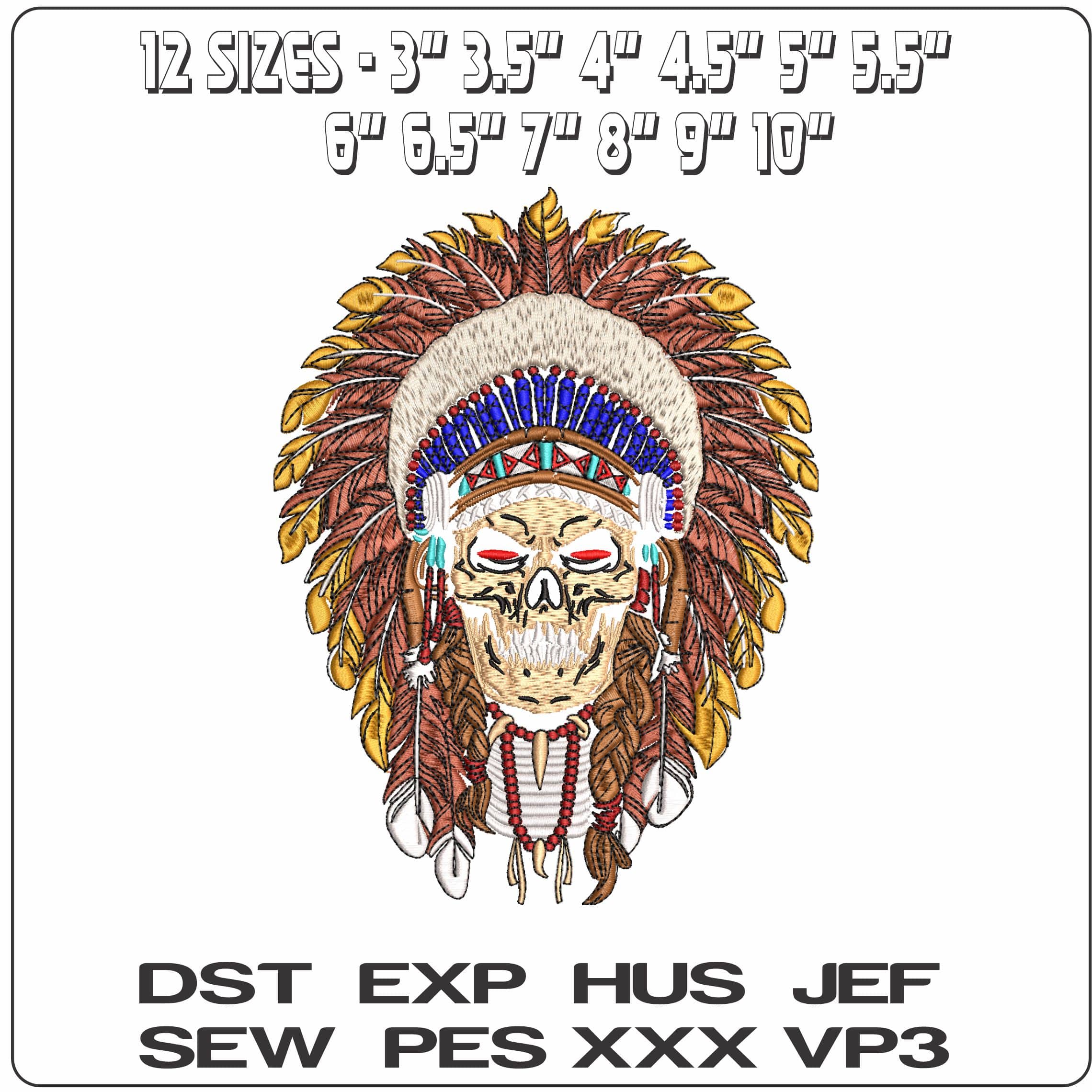 Native Indian Skull with Headdress  - Elegant embroidery design file - instant download — view 2