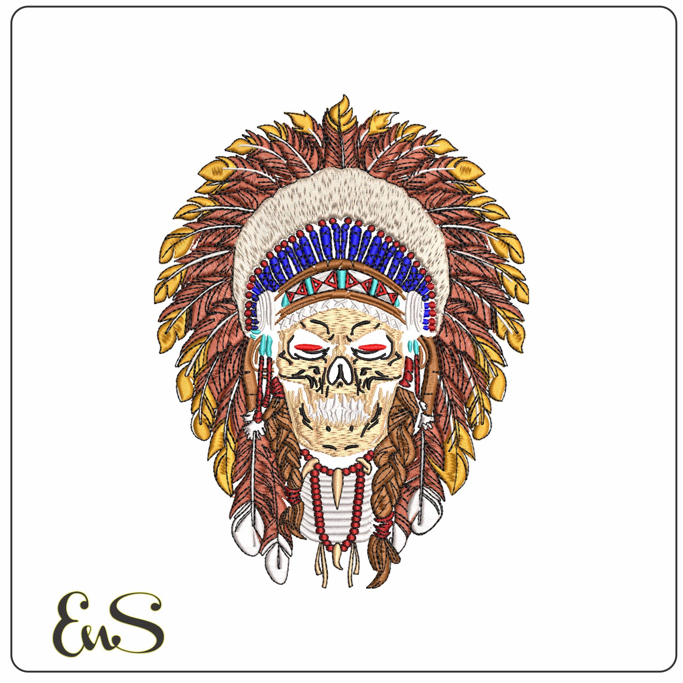 Native Indian Skull with Headdress  - Elegant embroidery design file - instant download