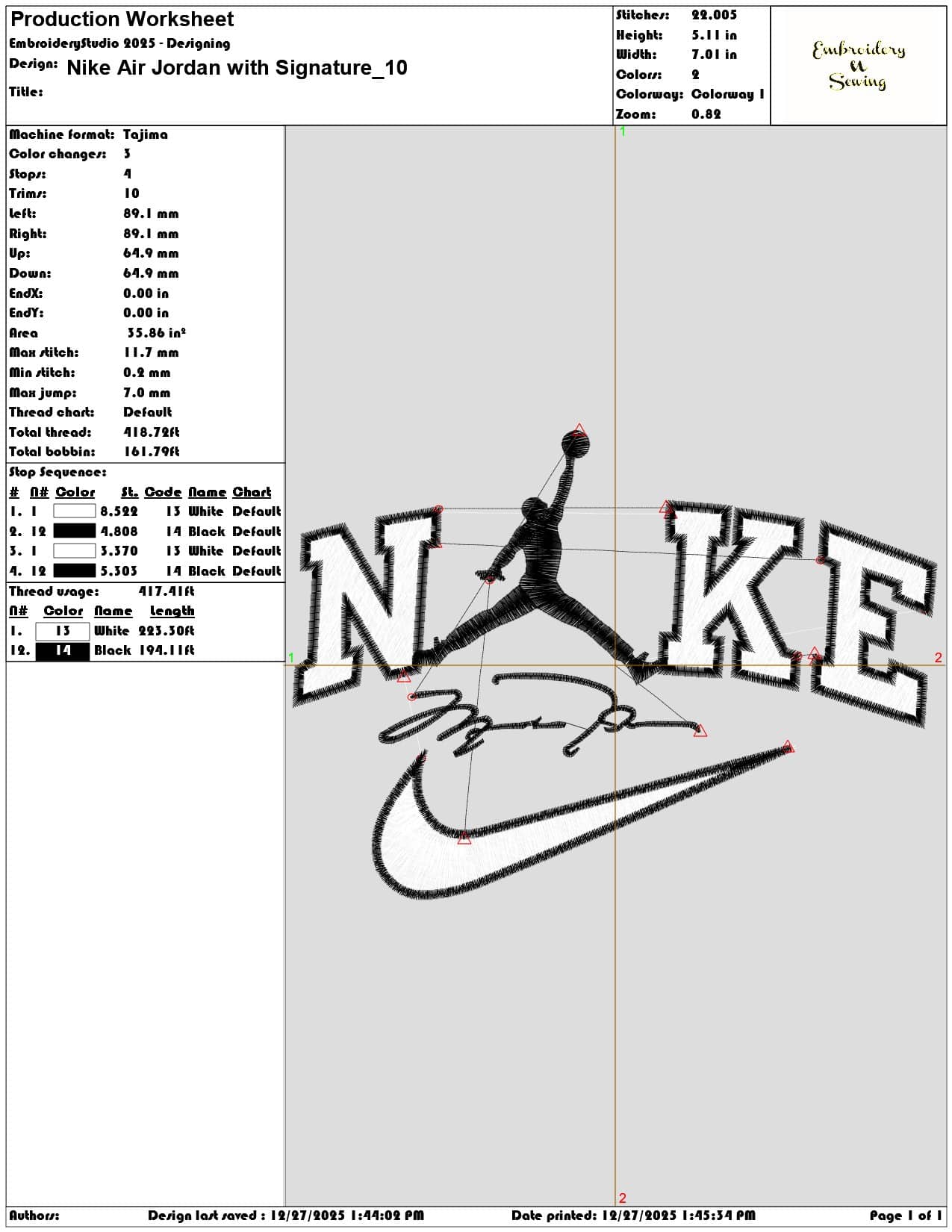 Nike Air Jordan with Signature  - Elegant embroidery design file - instant download — view 3