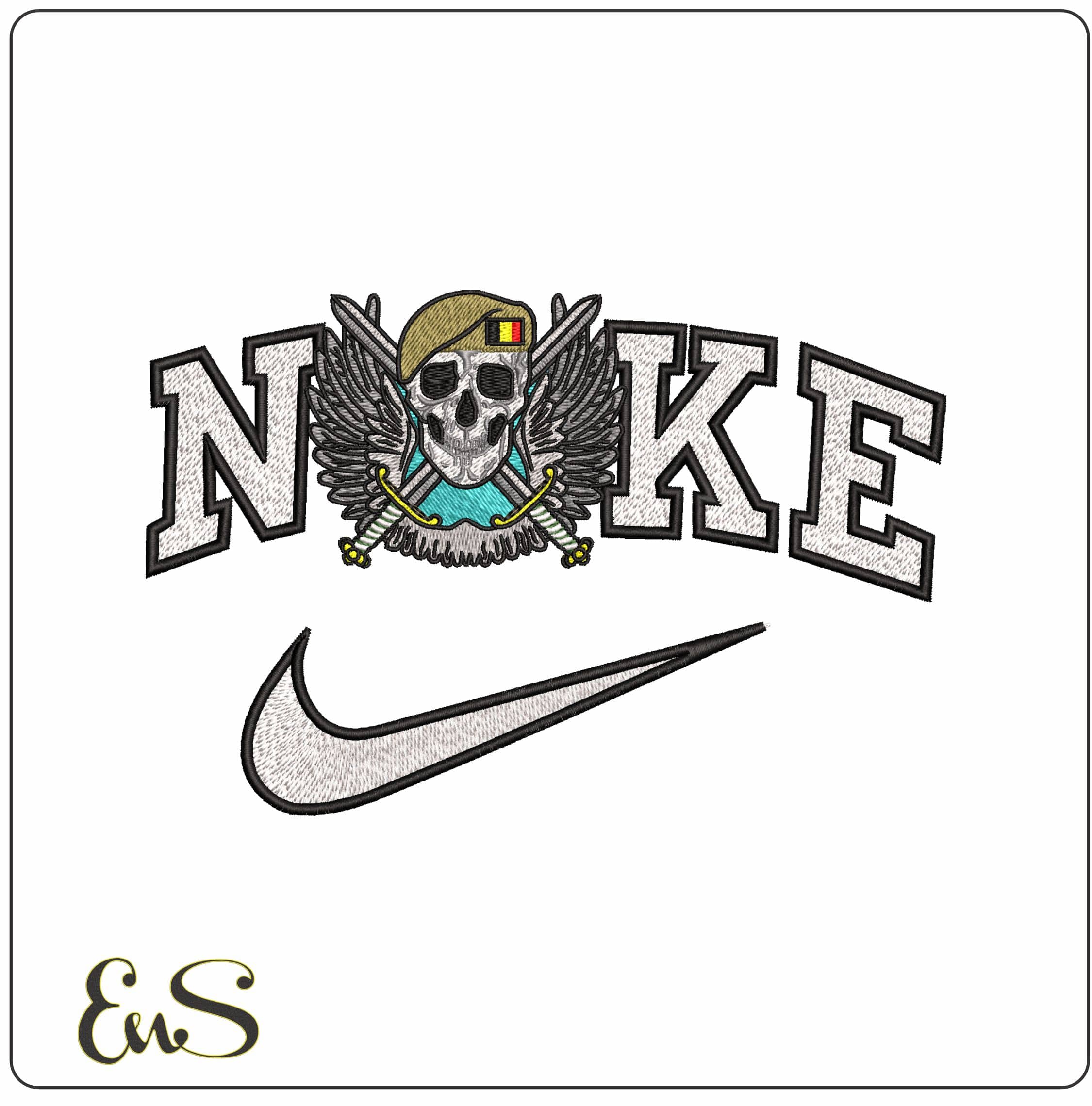 Nike Belgium Veterans Skull Wings and Crossed Swords  - Elegant embroidery design file - instant download