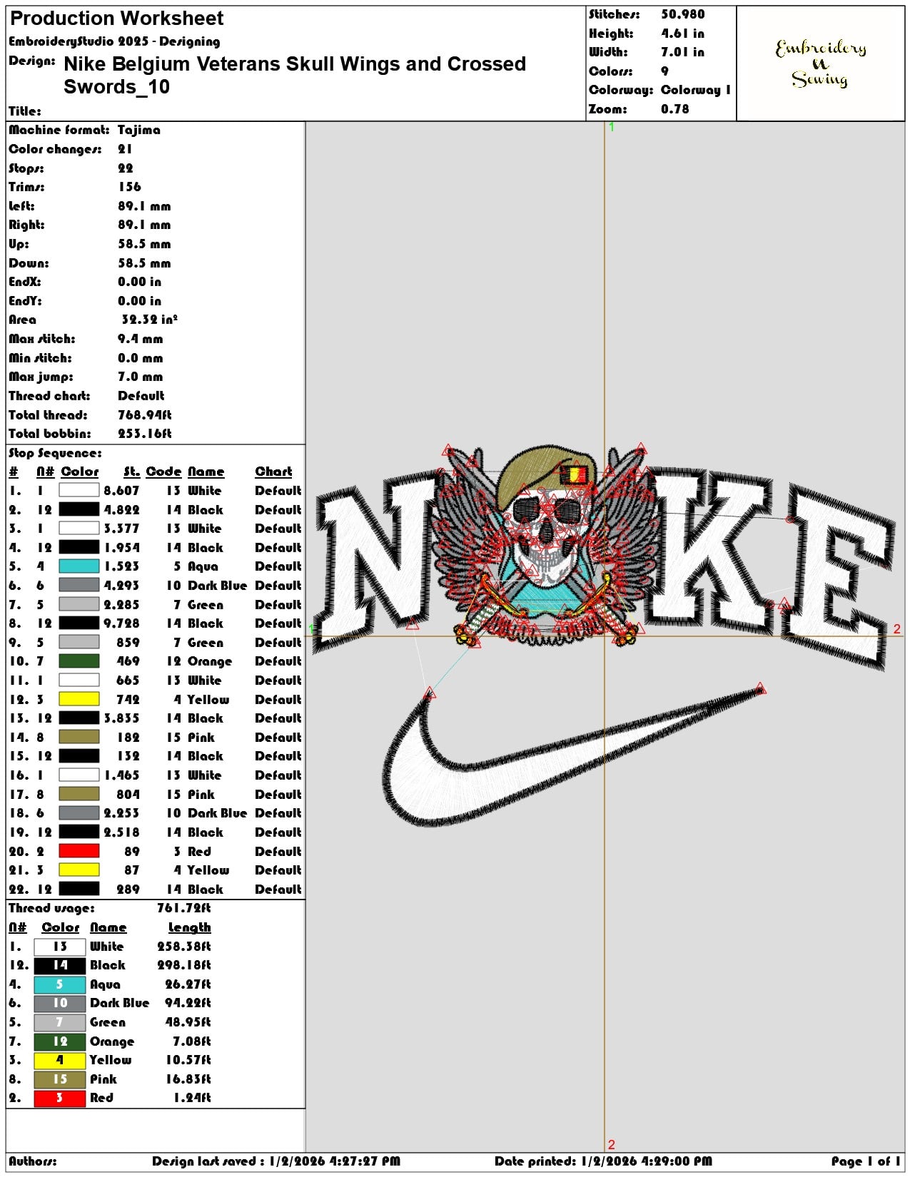Nike Belgium Veterans Skull Wings and Crossed Swords  - Elegant embroidery design file - instant download — view 3