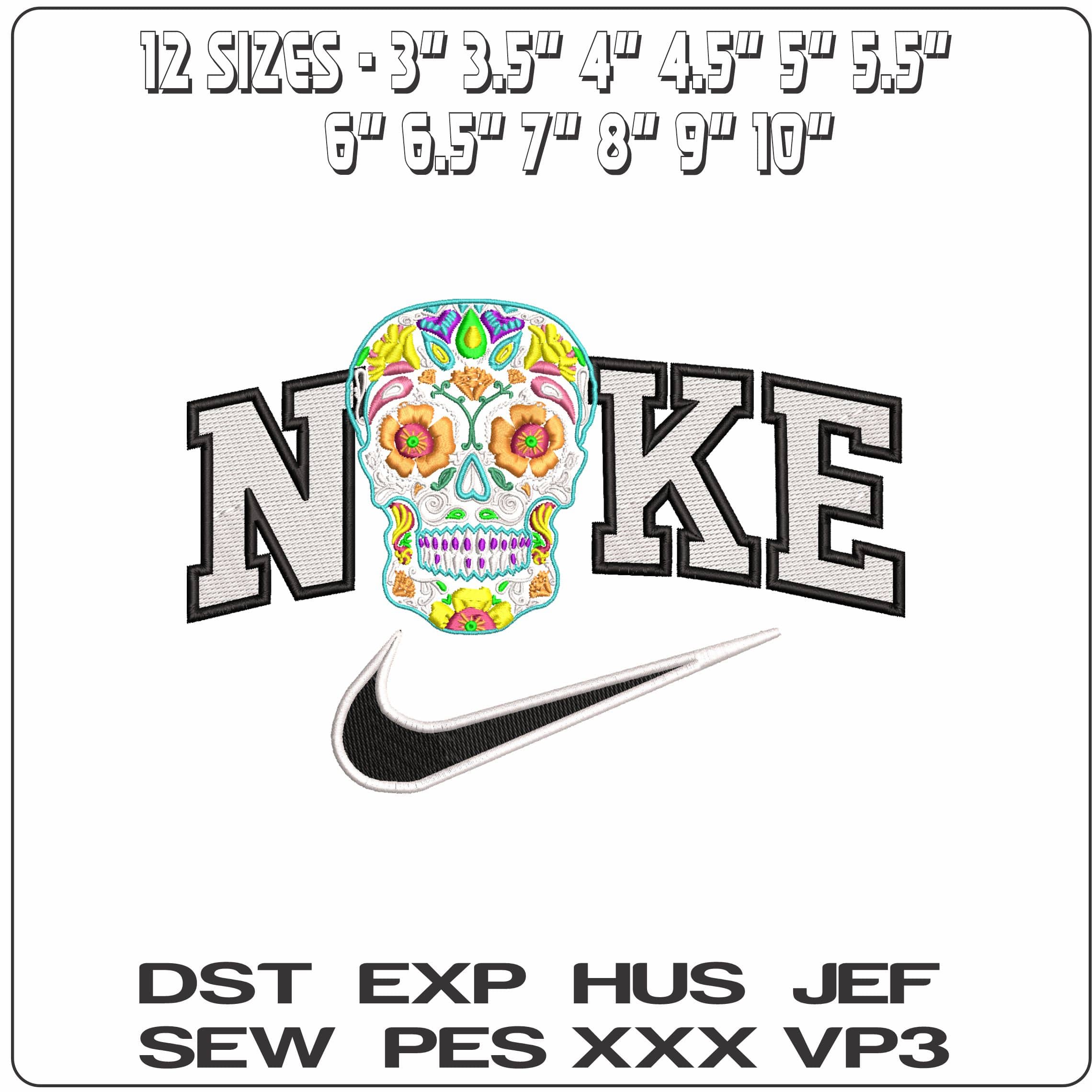 Nike Day of the Dead Sugar Skull no Background  - Elegant embroidery design file - instant download — view 2