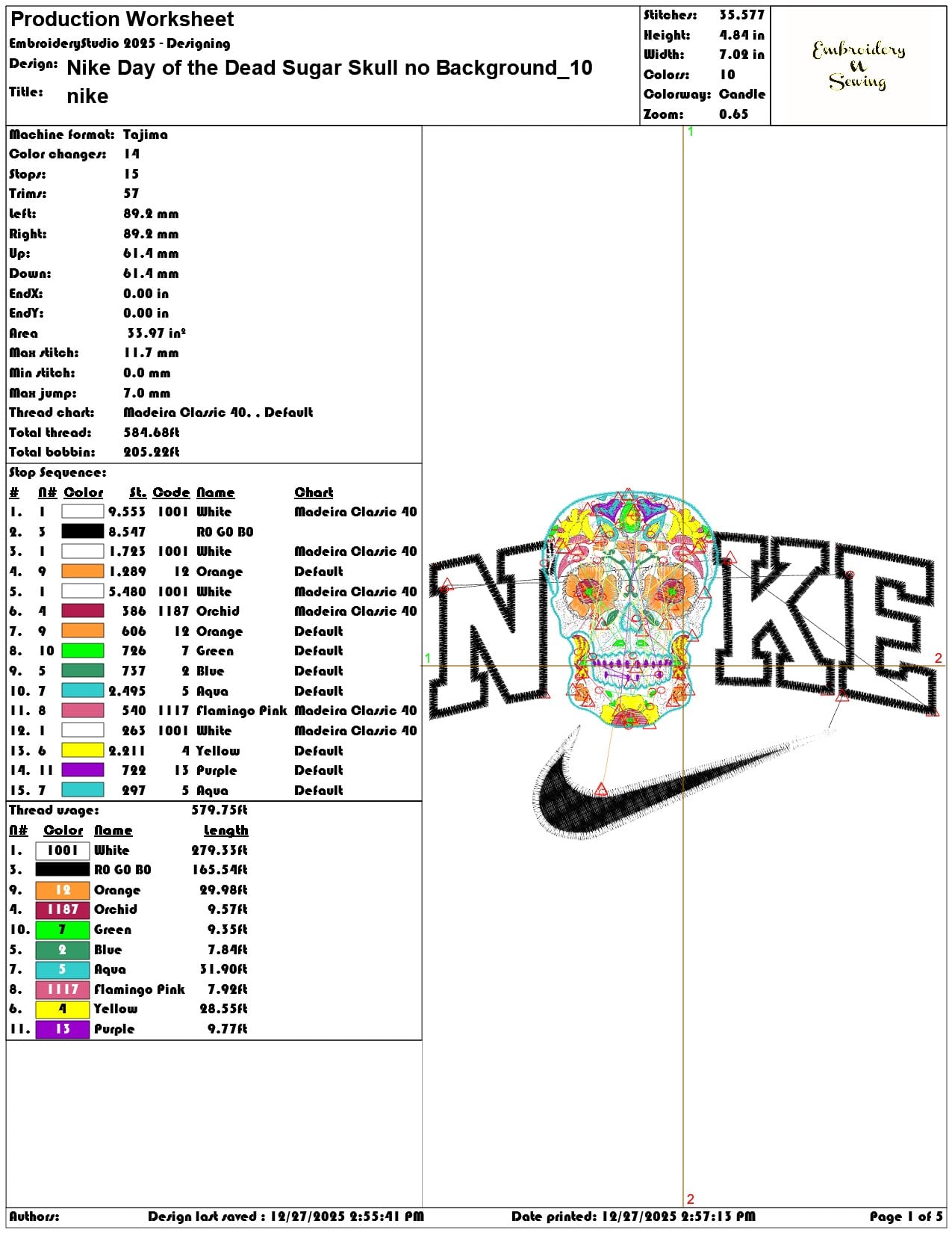 Nike Day of the Dead Sugar Skull no Background  - Elegant embroidery design file - instant download — view 3