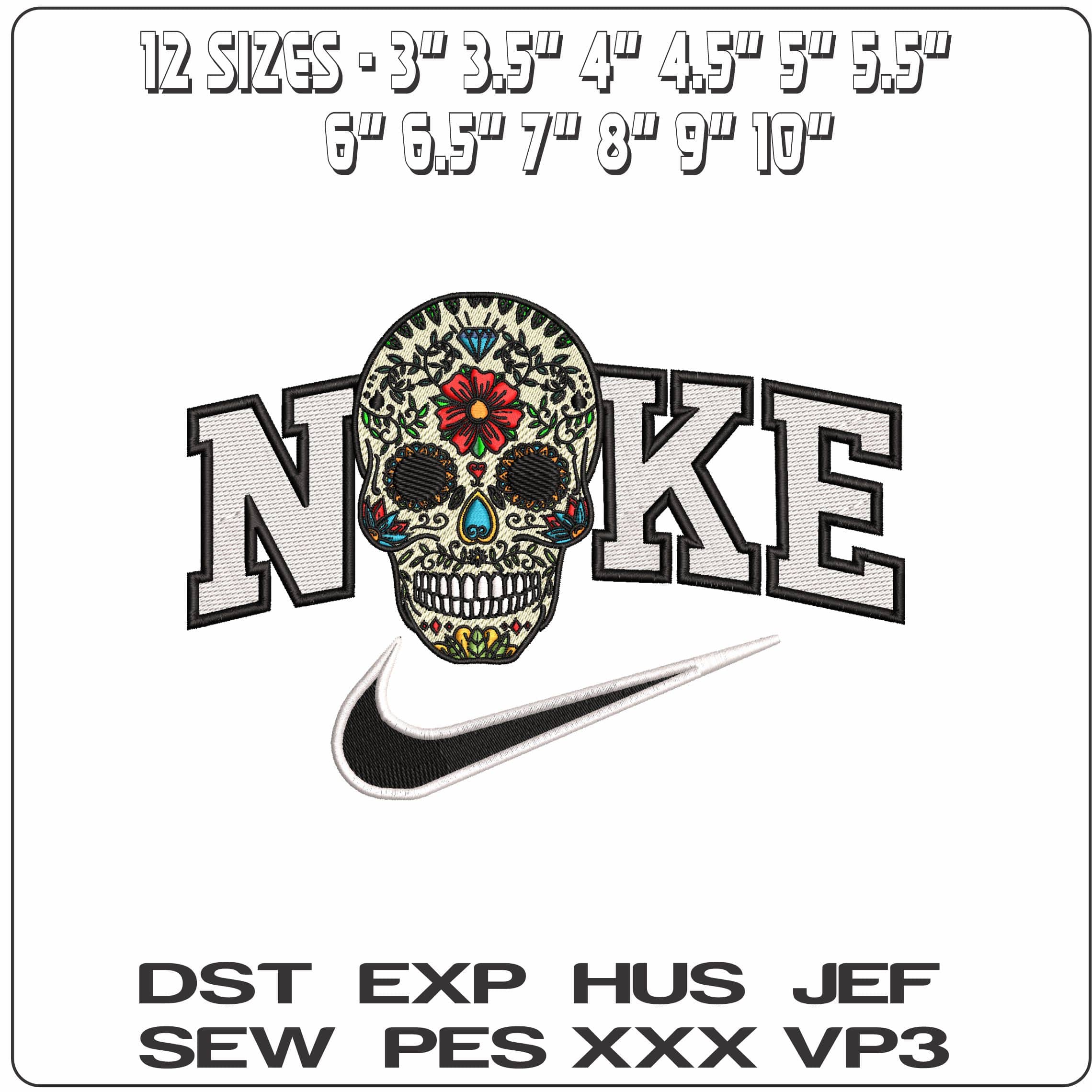 Nike Day of the Dead Sugar Skull with Diamond  - Elegant embroidery design file - instant download — view 2