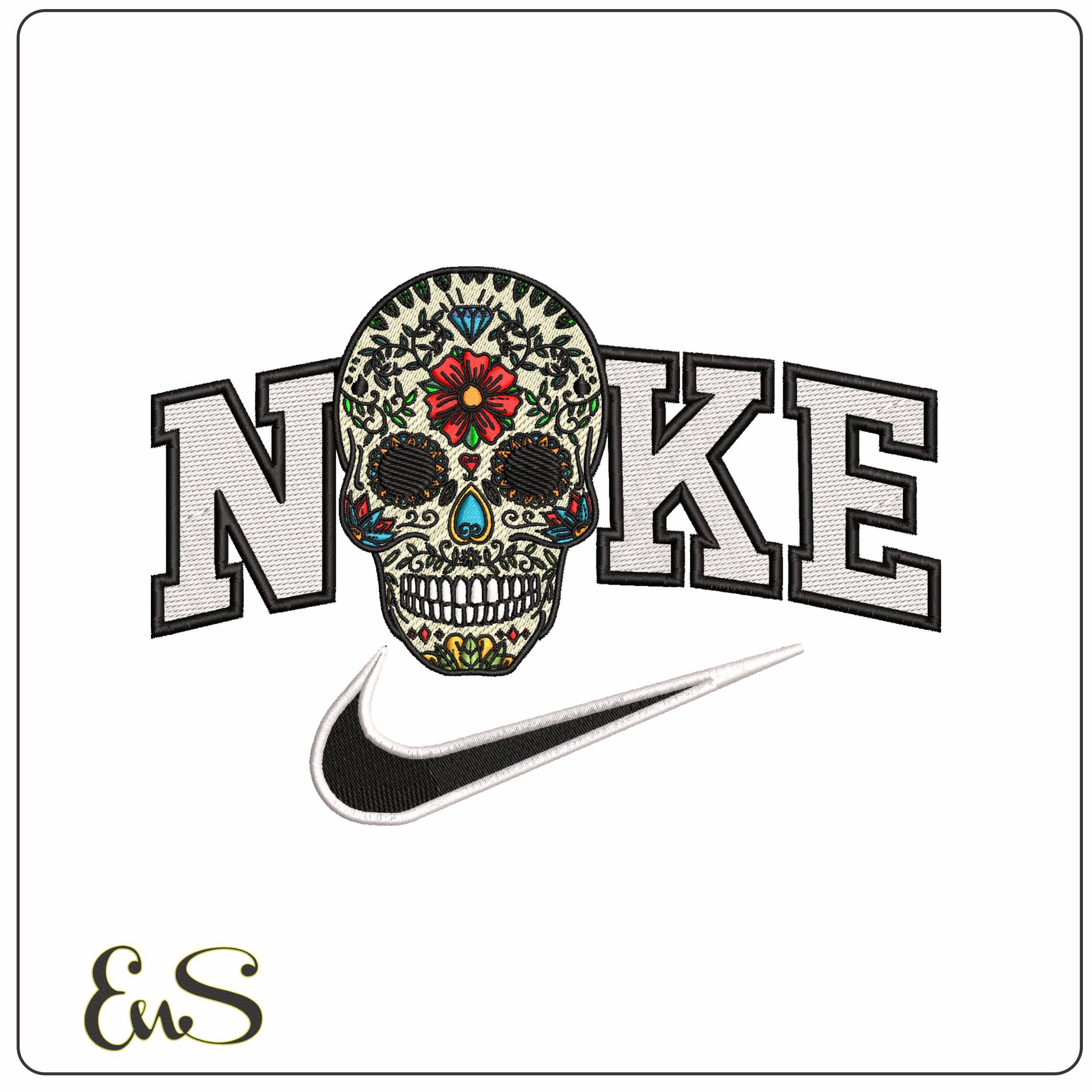 Nike Day of the Dead Sugar Skull with Diamond  - Elegant embroidery design file - instant download