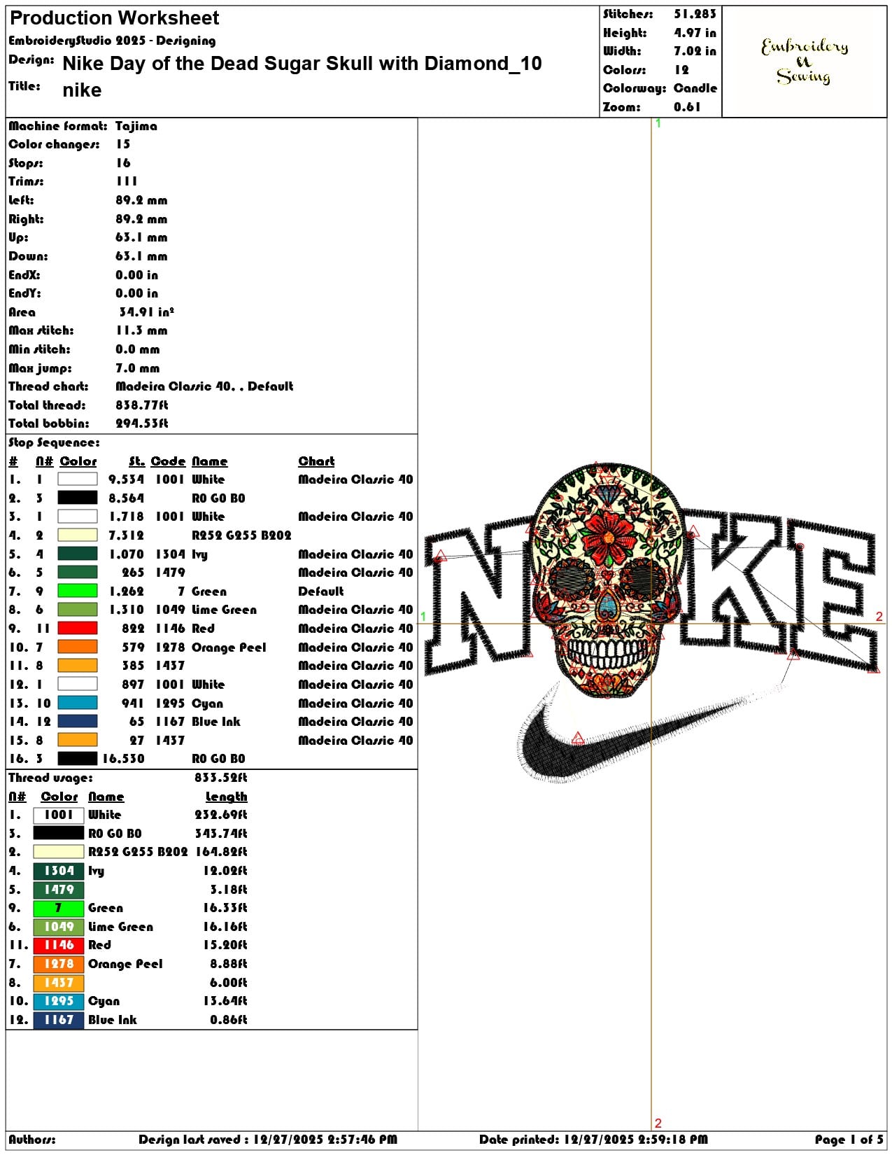 Nike Day of the Dead Sugar Skull with Diamond  - Elegant embroidery design file - instant download — view 3