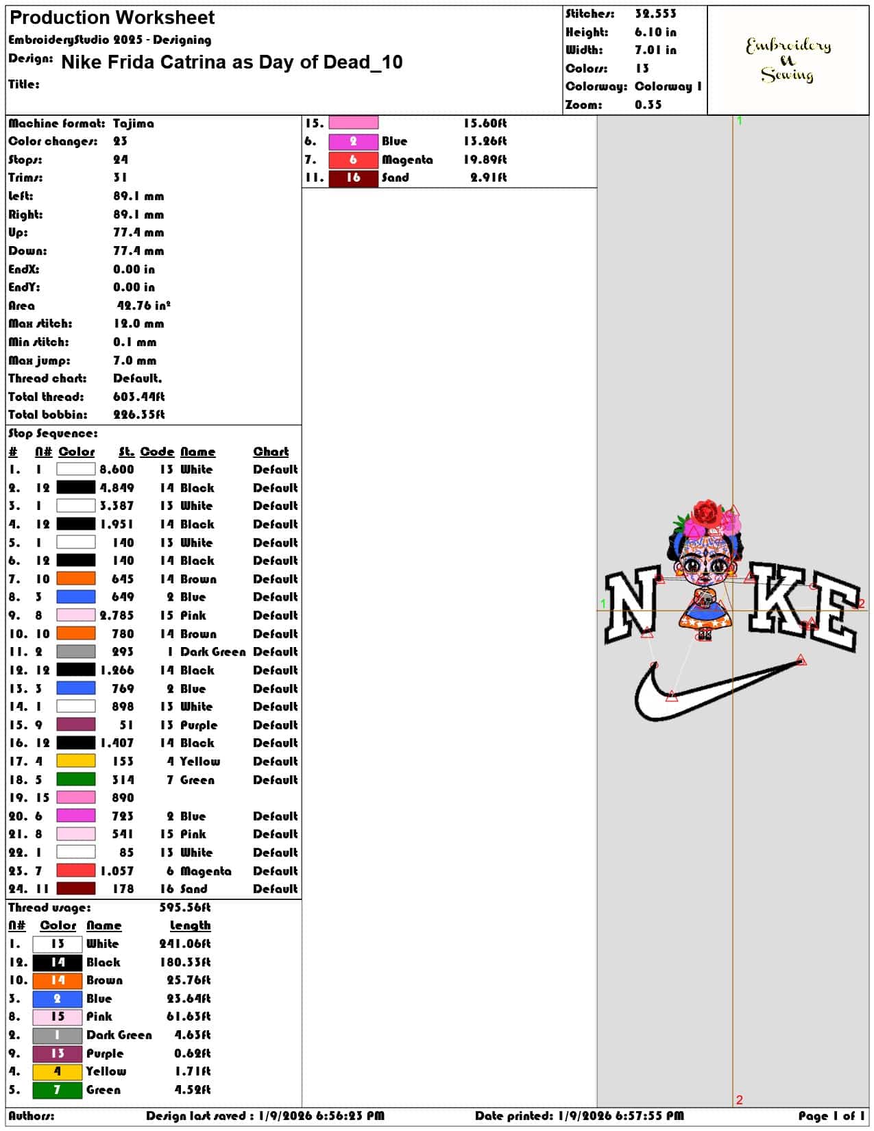 Nike Frida Catrina as Day of Dead  - Elegant embroidery design file - instant download — view 3