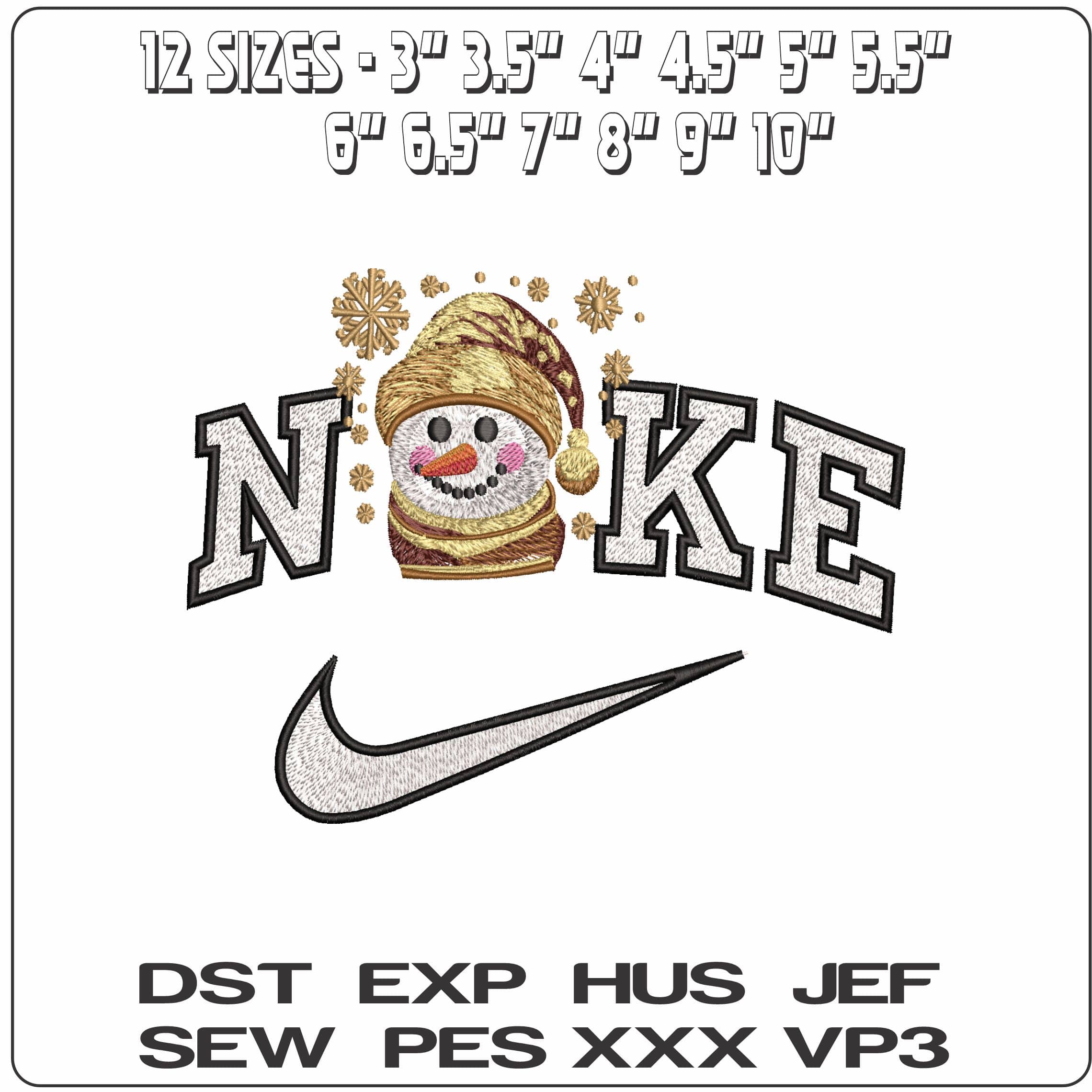 Nike Golden Snowman Head with Snow Flakes - Elegant embroidery design file - instant download — view 2