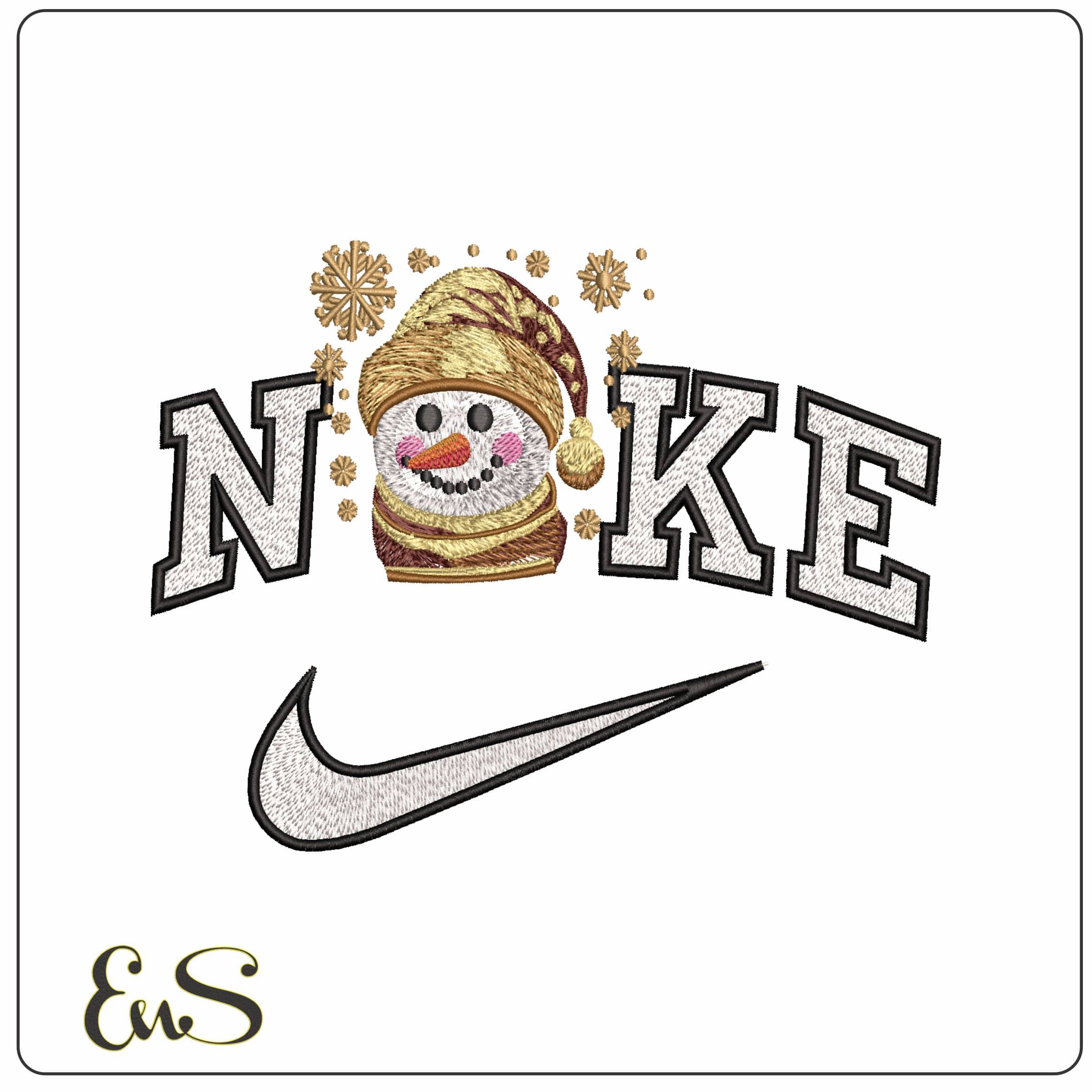Nike Golden Snowman Head with Snow Flakes - Elegant embroidery design file - instant download