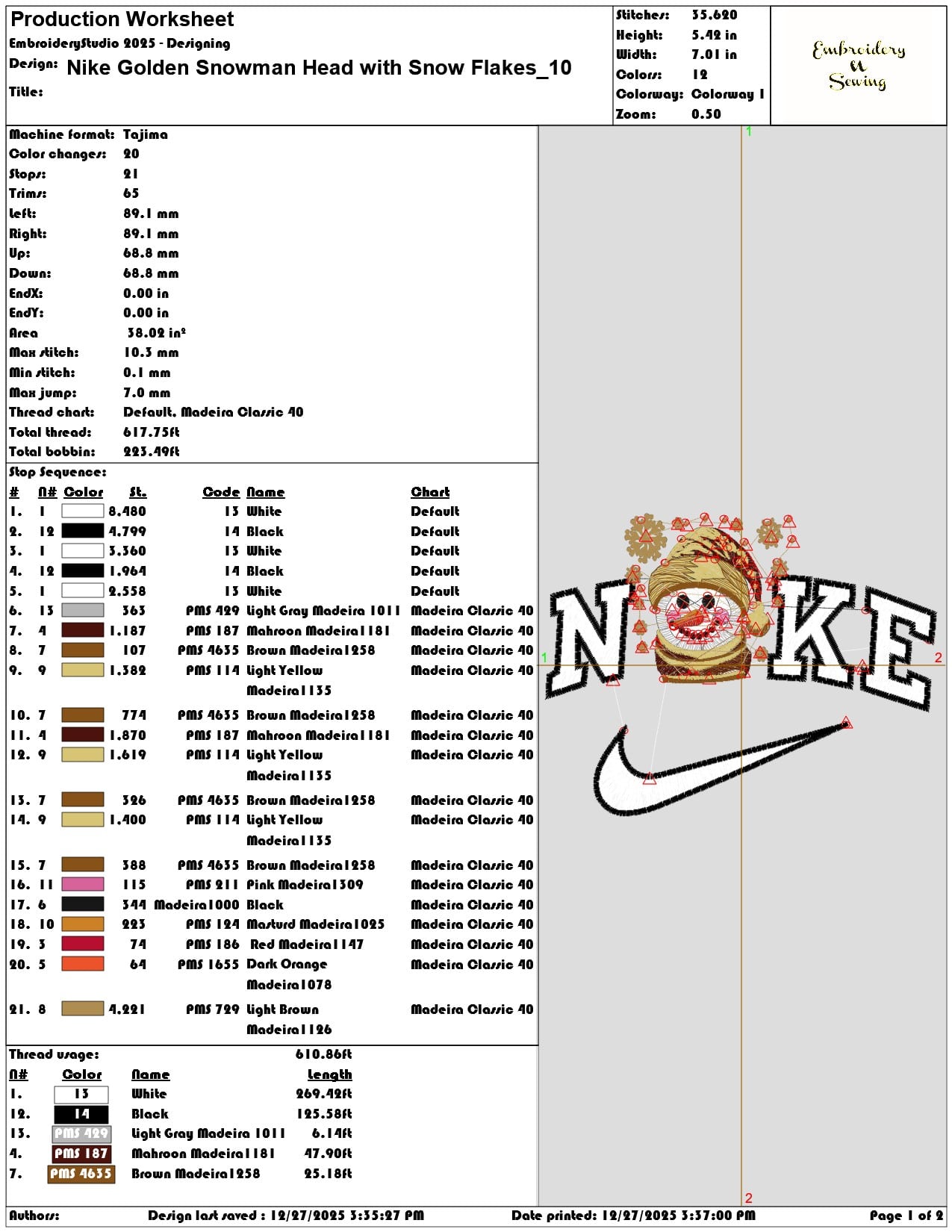 Nike Golden Snowman Head with Snow Flakes - Elegant embroidery design file - instant download — view 3