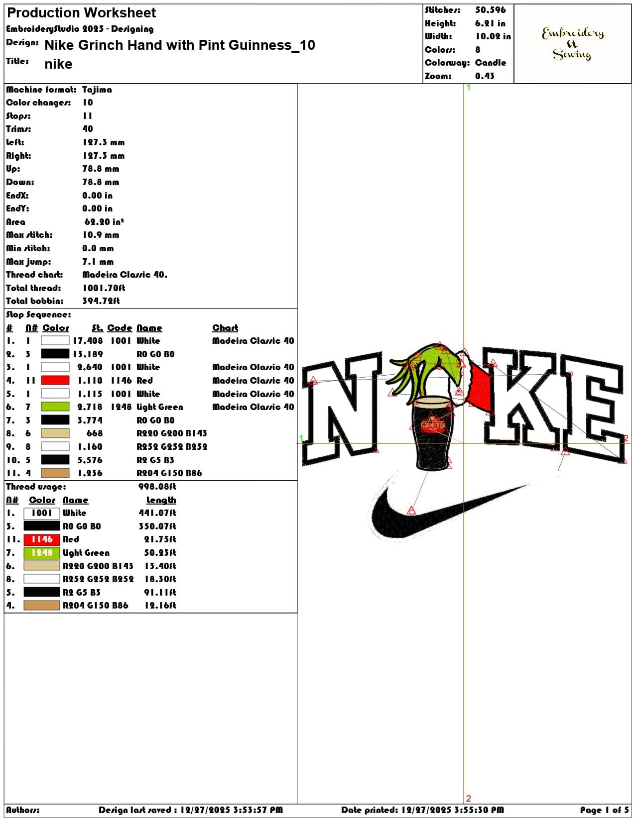 Nike Grinch Hand with Pint Guinness - Elegant embroidery design file - instant download — view 3