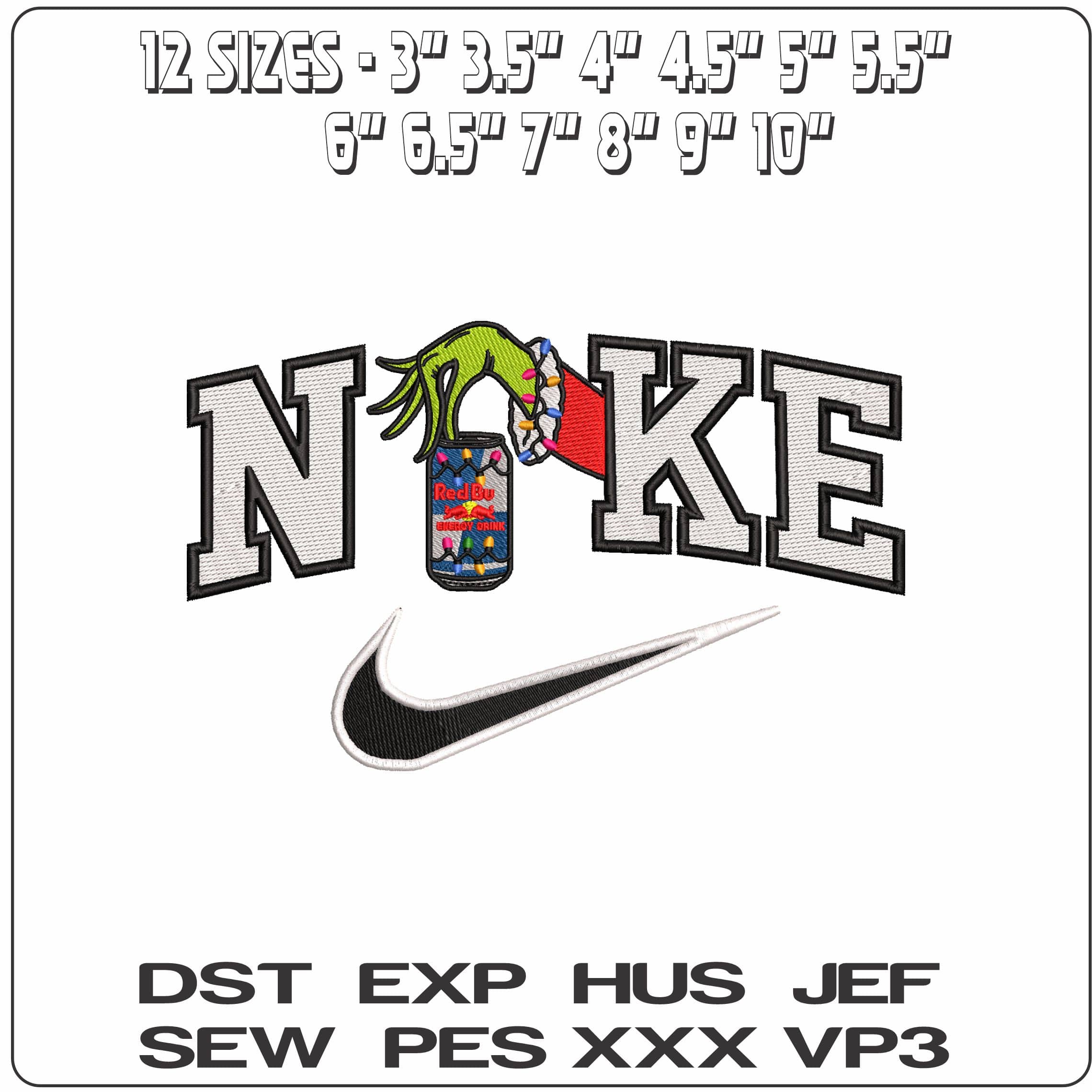 Nike Grinch Hand with Redbull and Xmas Lights - Elegant embroidery design file - instant download — view 2