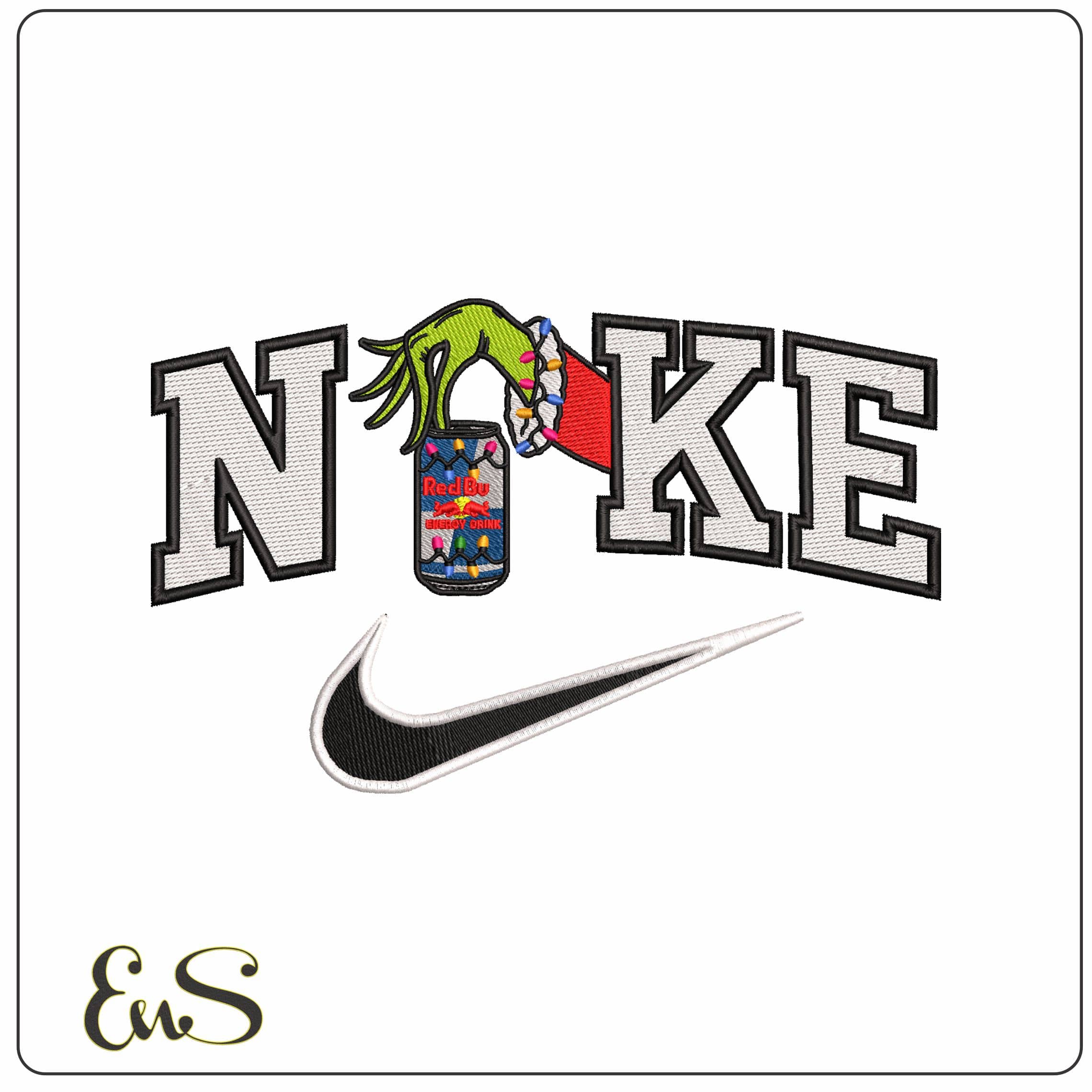 Nike Grinch Hand with Redbull and Xmas Lights - Elegant embroidery design file - instant download