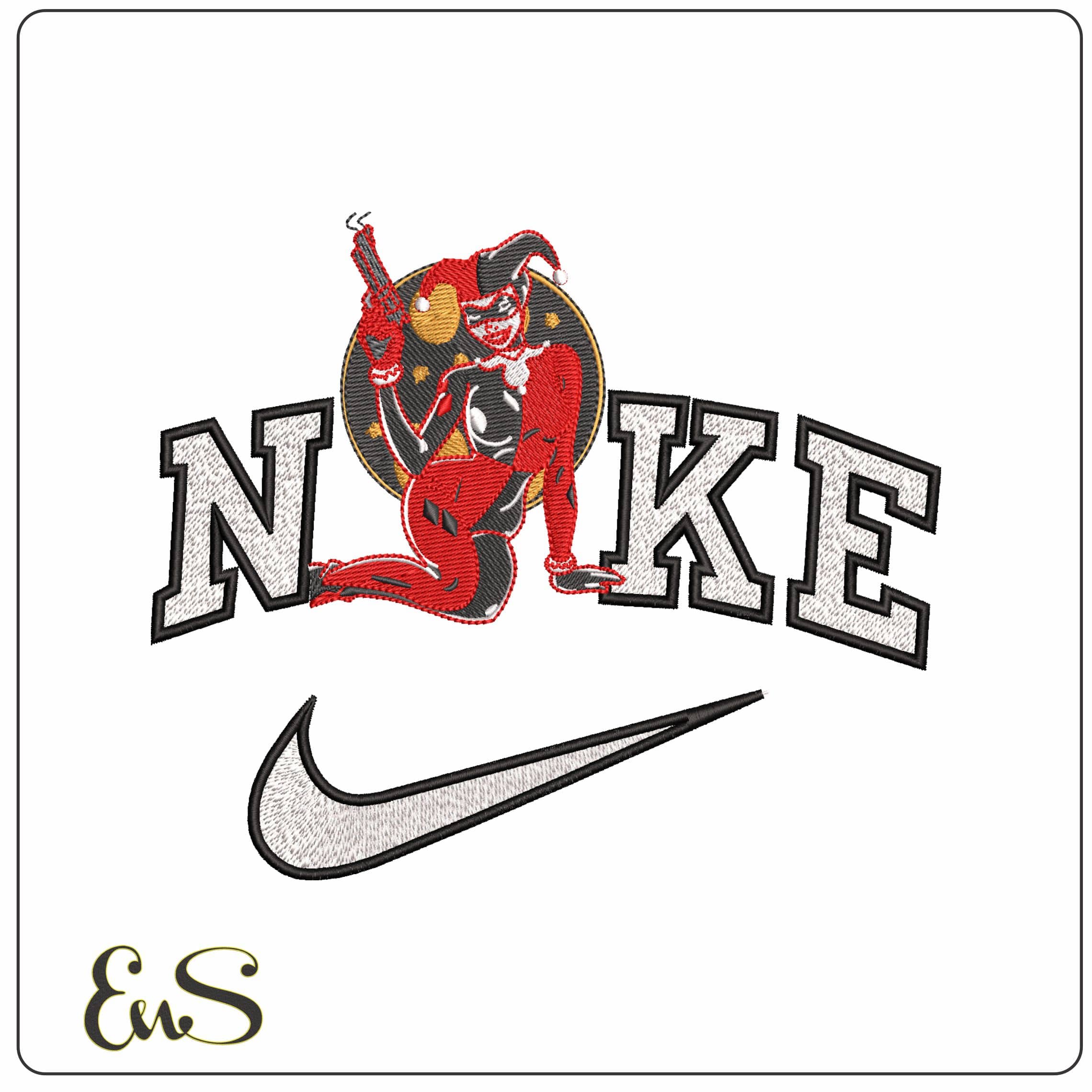 Nike Harley Quinn posing with Gun - Elegant embroidery design file - instant download