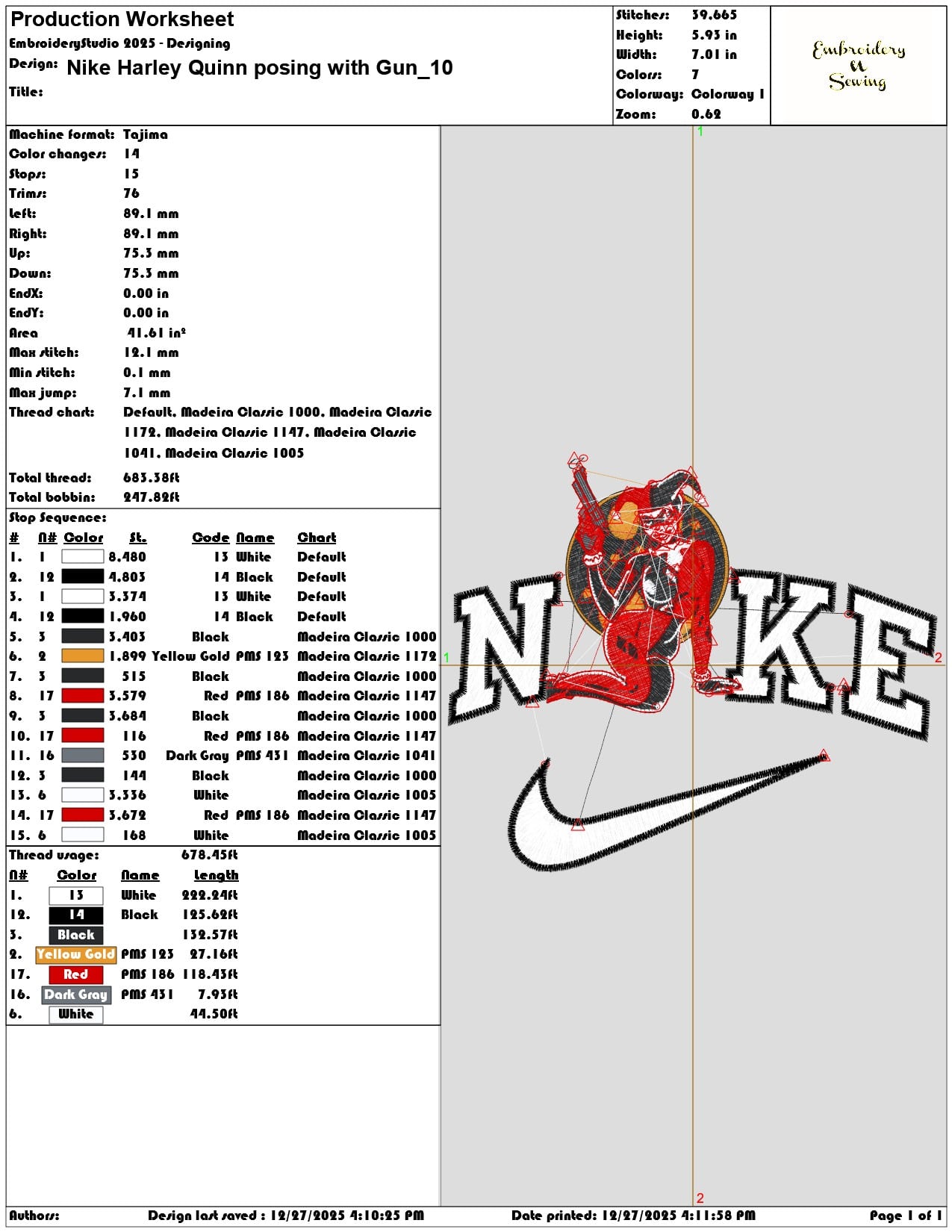 Nike Harley Quinn posing with Gun - Elegant embroidery design file - instant download — view 3